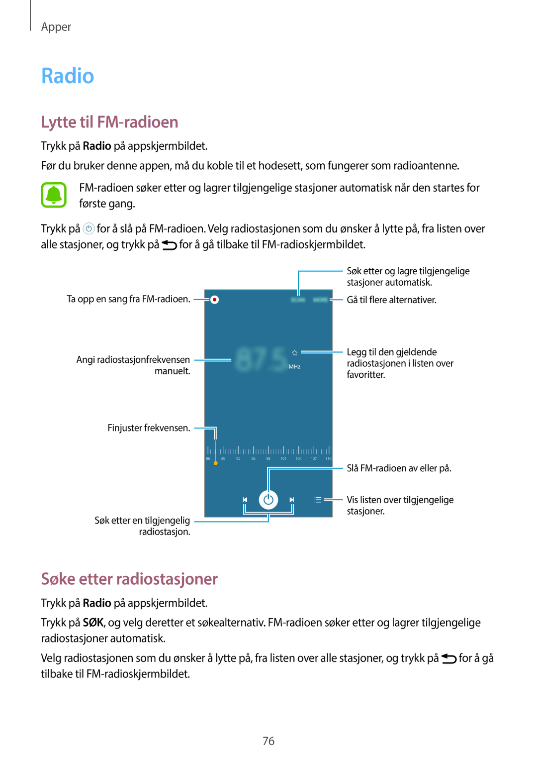 Samsung SM-G903FZKANEE manual Radio, Lytte til FM-radioen, Søke etter radiostasjoner 