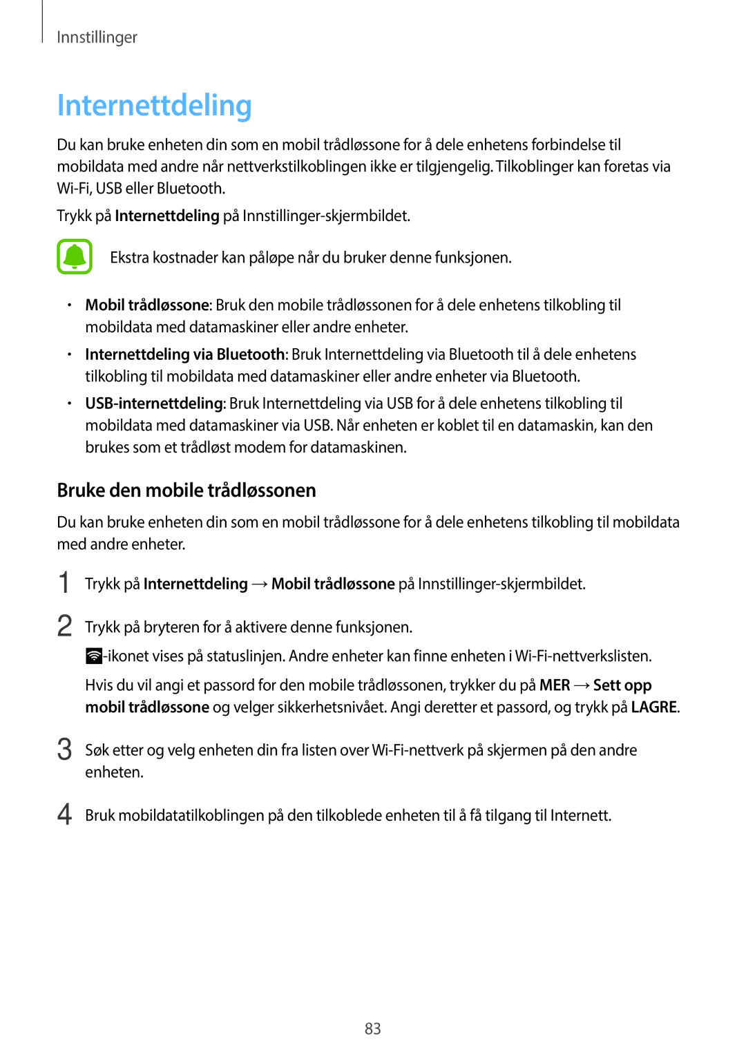 Samsung SM-G903FZKANEE manual Internettdeling, Bruke den mobile trådløssonen 