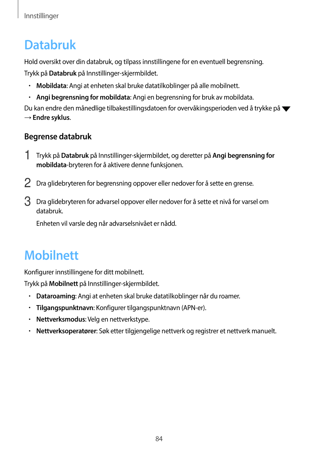 Samsung SM-G903FZKANEE manual Databruk, Mobilnett, Begrense databruk 