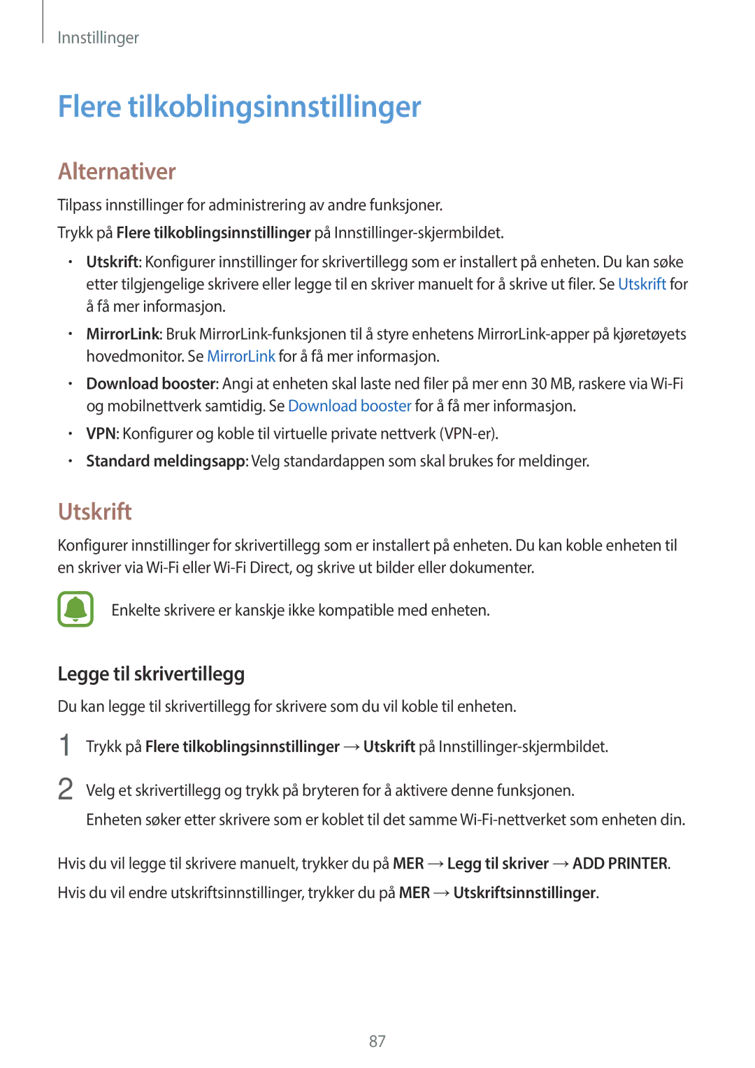 Samsung SM-G903FZKANEE manual Flere tilkoblingsinnstillinger, Alternativer, Utskrift, Legge til skrivertillegg 