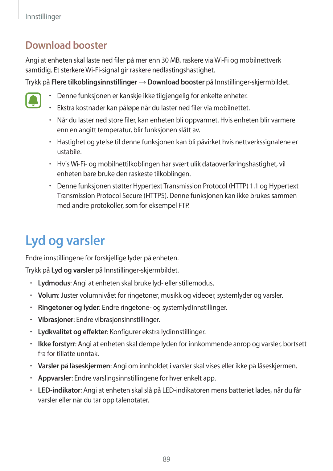 Samsung SM-G903FZKANEE manual Lyd og varsler, Download booster 