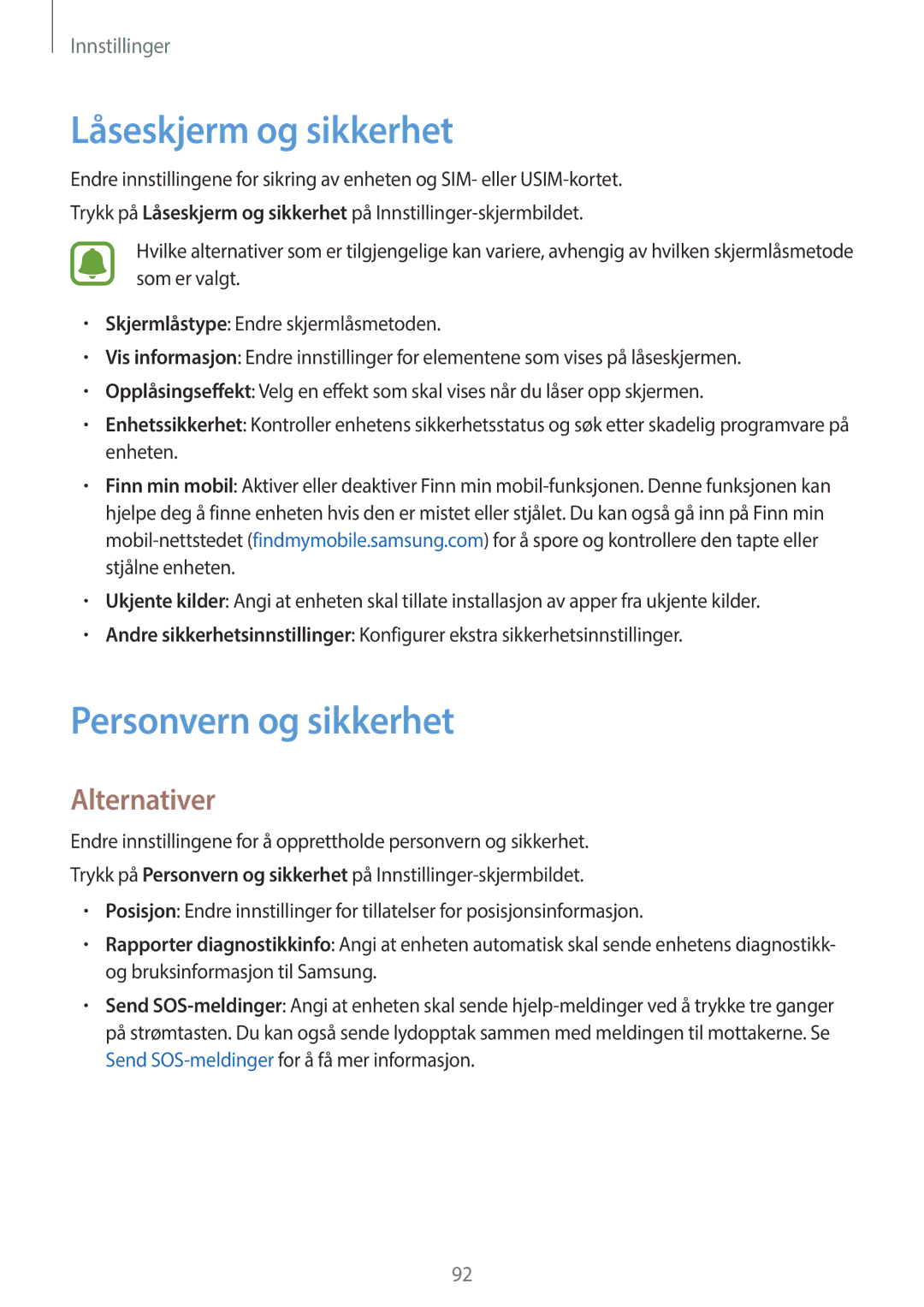 Samsung SM-G903FZKANEE manual Låseskjerm og sikkerhet, Personvern og sikkerhet 