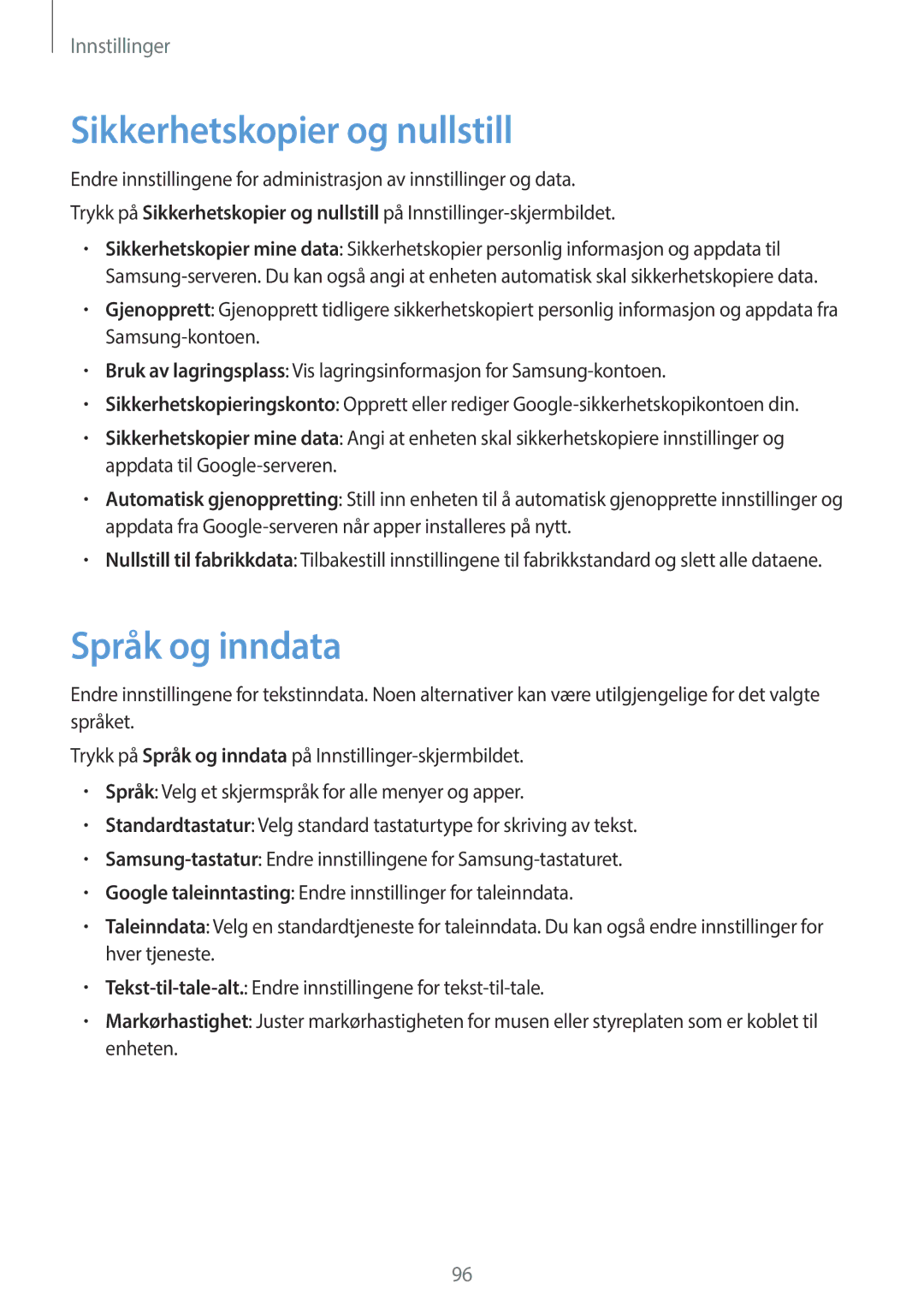 Samsung SM-G903FZKANEE manual Sikkerhetskopier og nullstill, Språk og inndata 