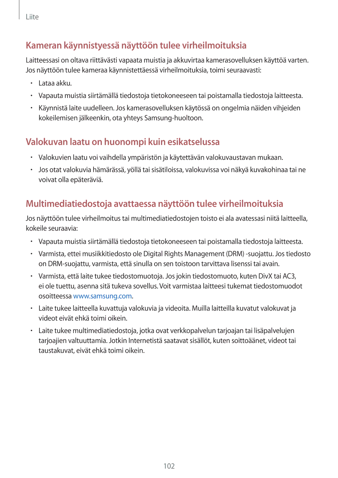 Samsung SM-G903FZKANEE manual Kameran käynnistyessä näyttöön tulee virheilmoituksia 