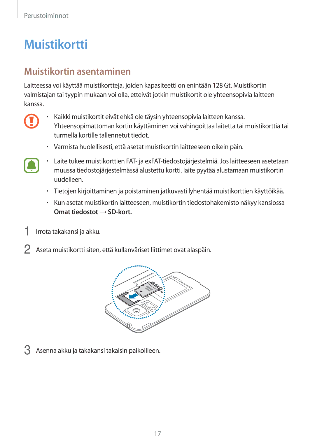 Samsung SM-G903FZKANEE manual Muistikortti, Muistikortin asentaminen 