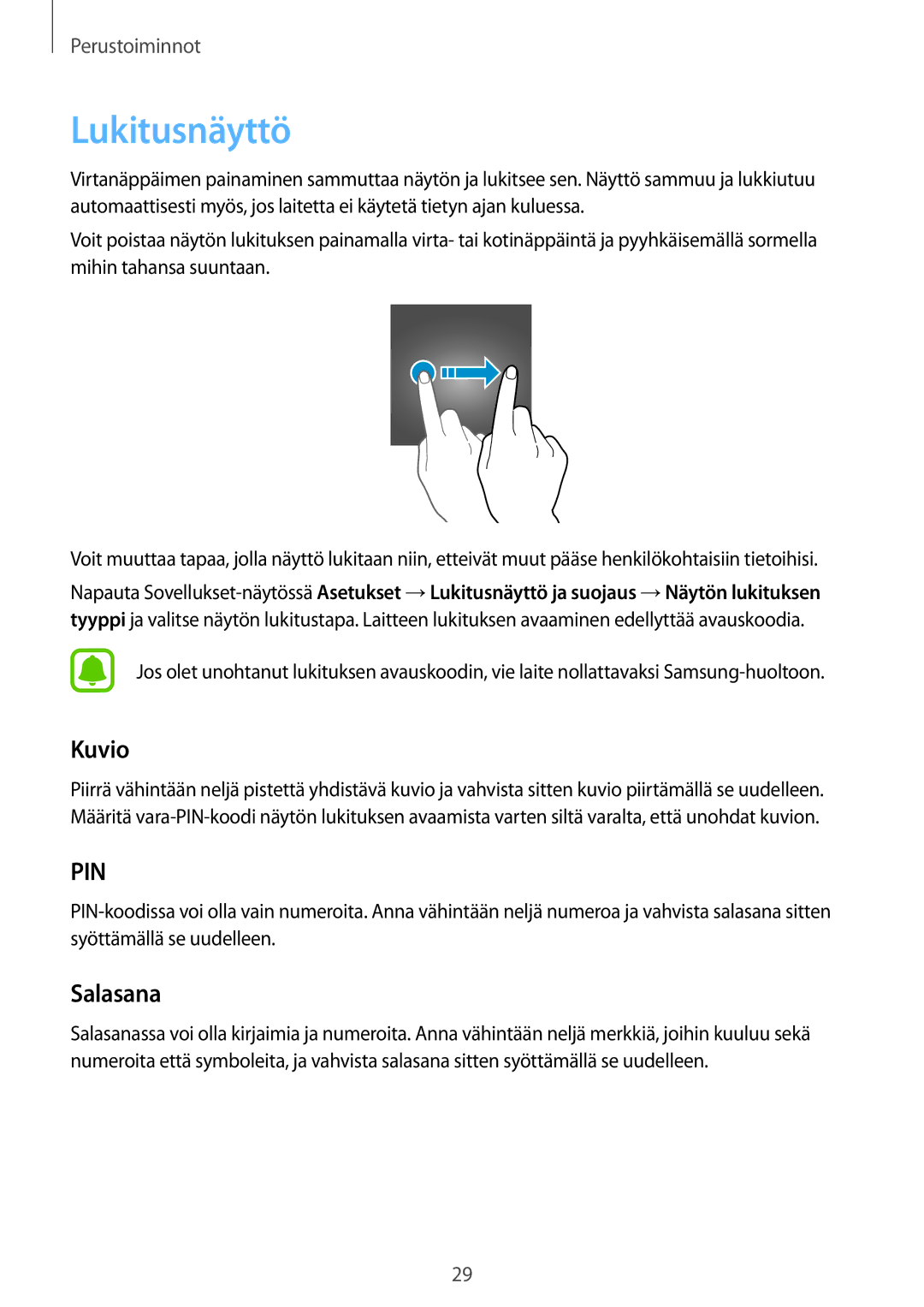 Samsung SM-G903FZKANEE manual Lukitusnäyttö, Kuvio, Salasana 