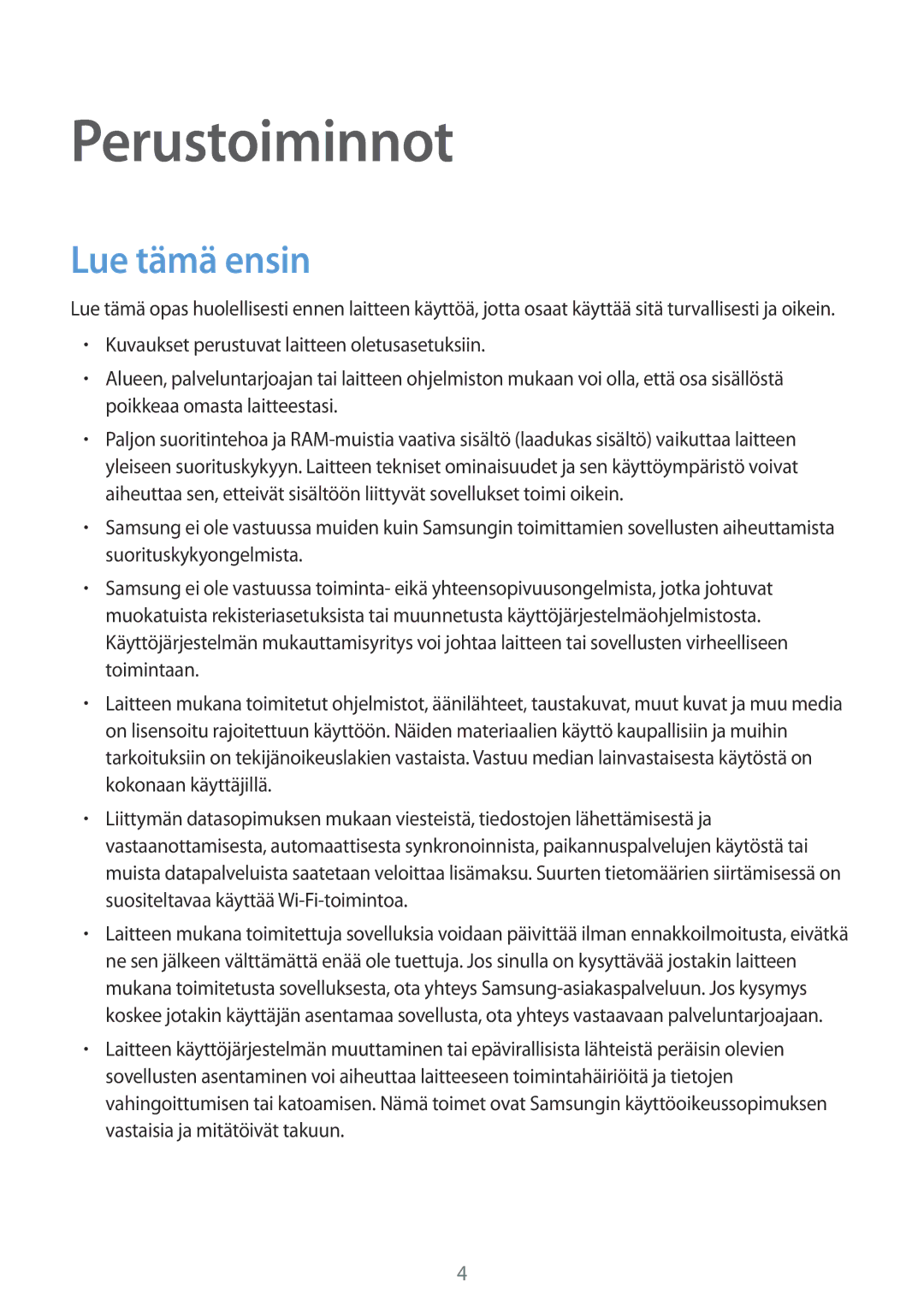 Samsung SM-G903FZKANEE manual Perustoiminnot, Lue tämä ensin 