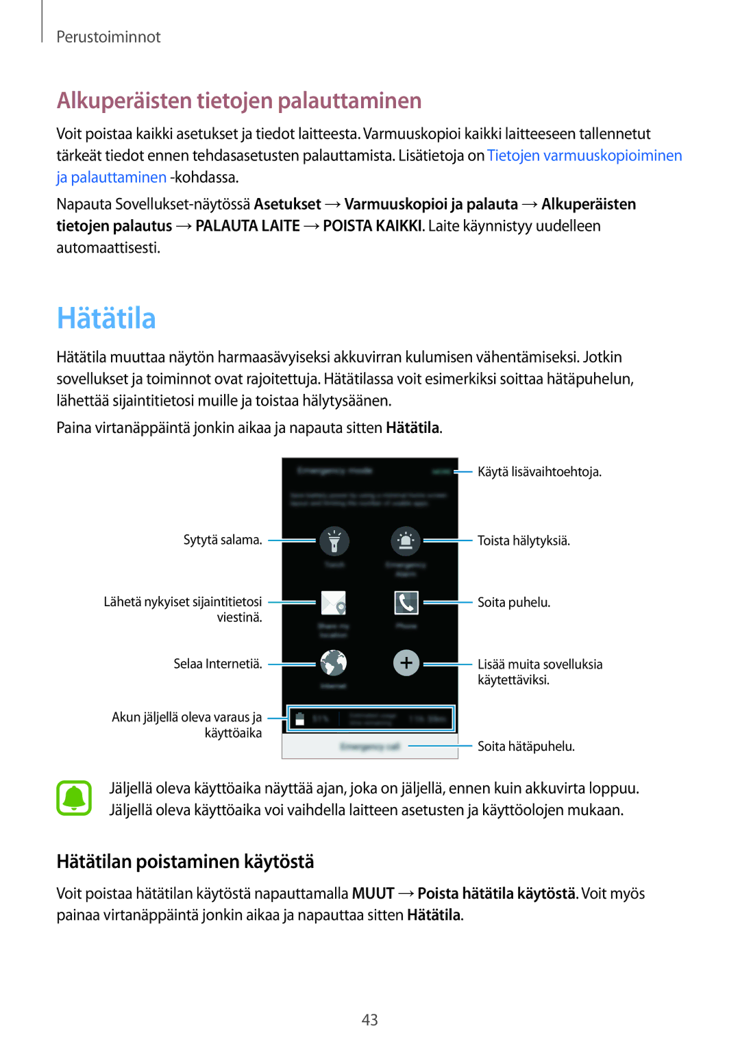 Samsung SM-G903FZKANEE manual Alkuperäisten tietojen palauttaminen, Hätätilan poistaminen käytöstä 