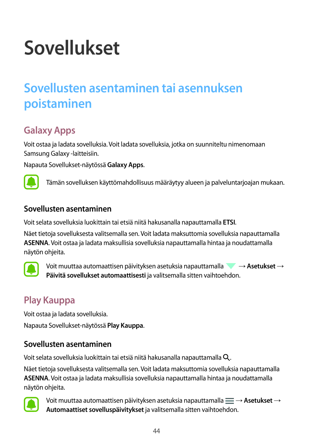 Samsung SM-G903FZKANEE manual Sovellusten asentaminen tai asennuksen poistaminen, Galaxy Apps, Play Kauppa 