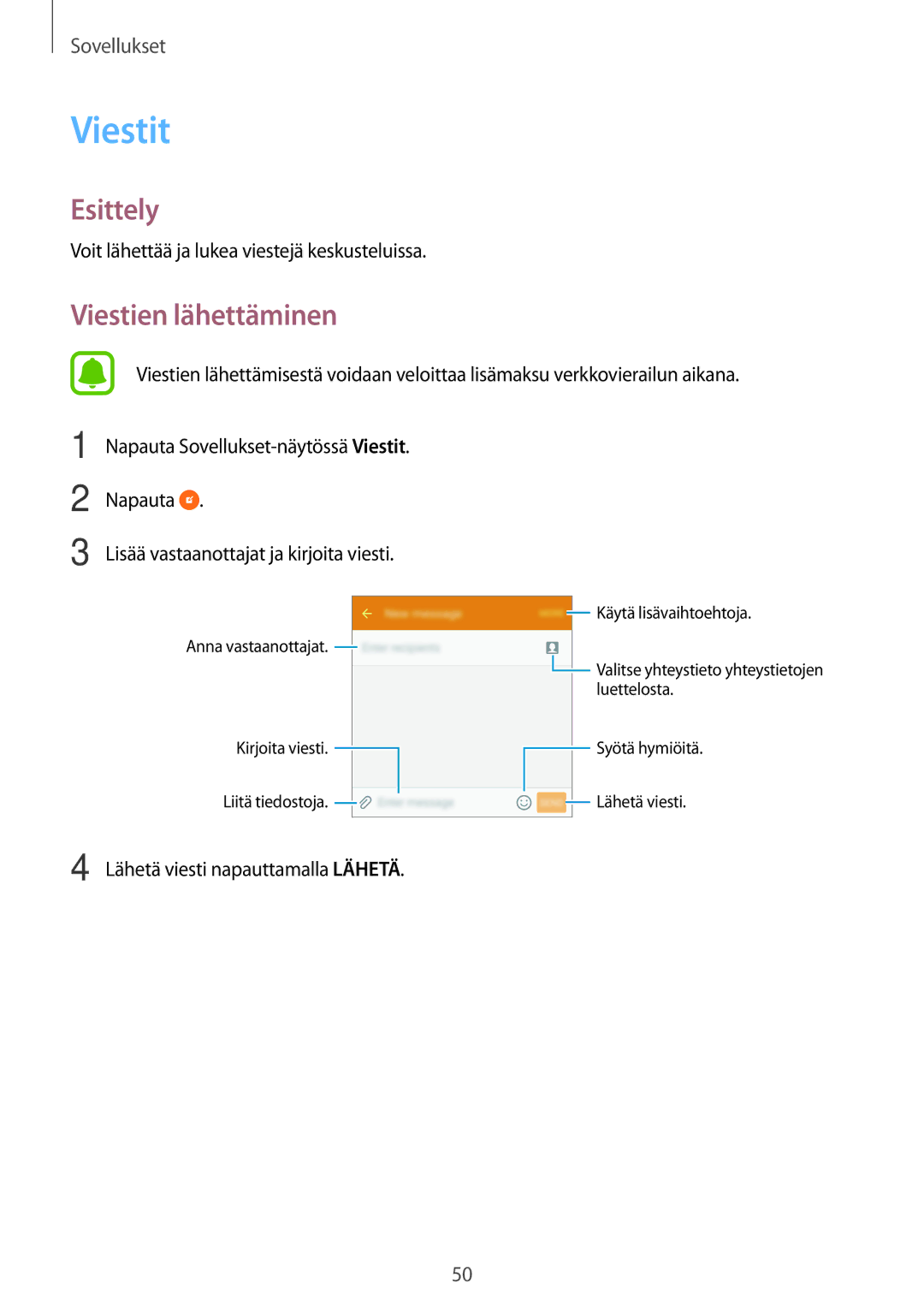 Samsung SM-G903FZKANEE manual Viestit, Viestien lähettäminen 