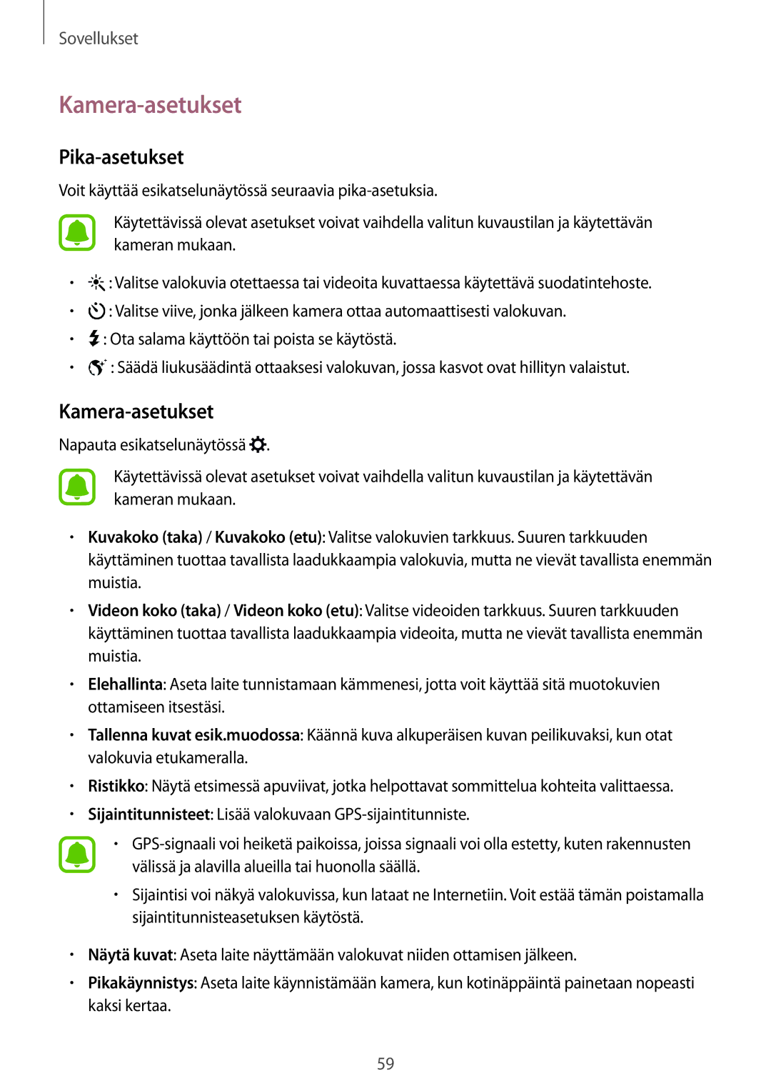 Samsung SM-G903FZKANEE manual Kamera-asetukset, Pika-asetukset 