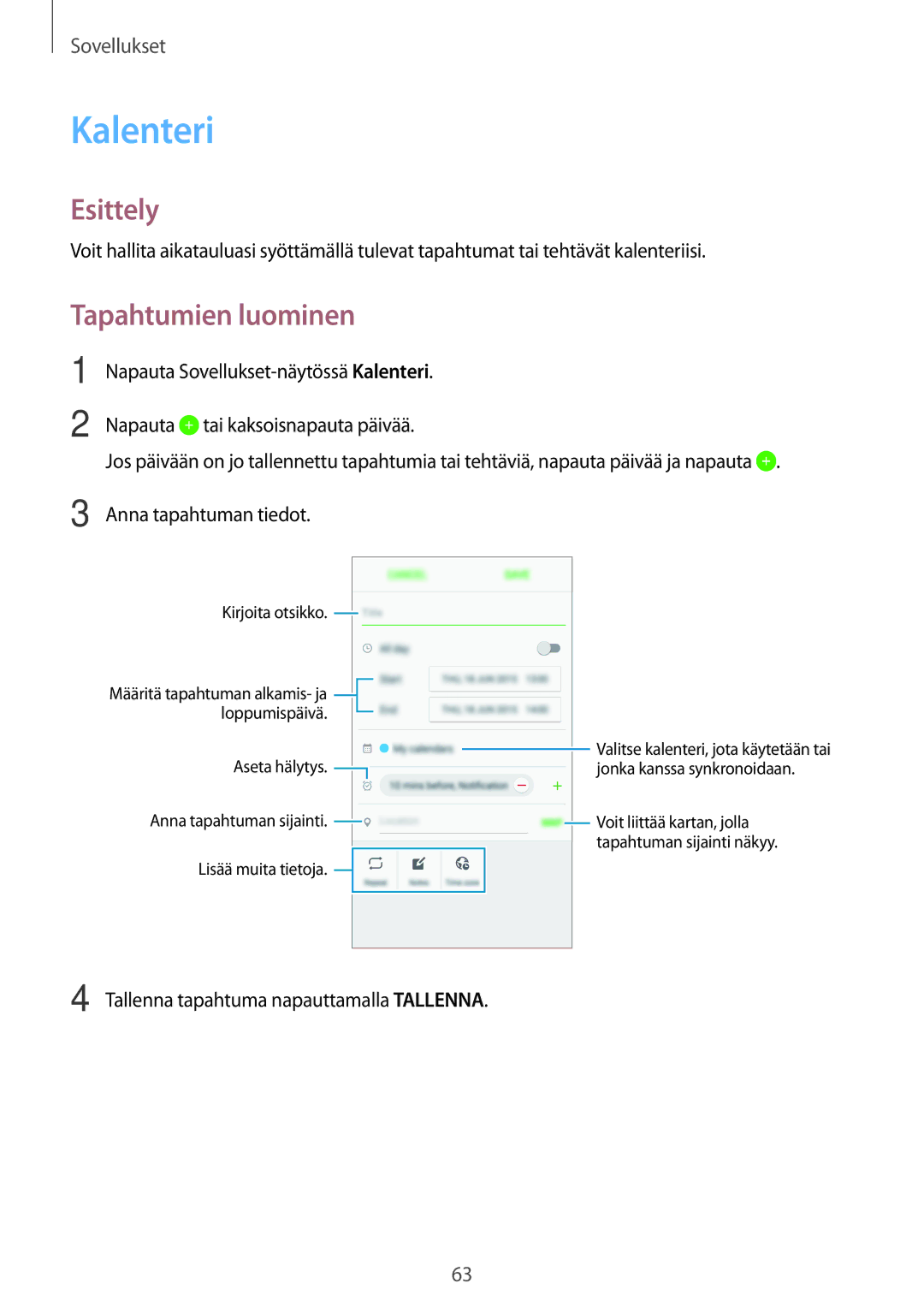 Samsung SM-G903FZKANEE manual Kalenteri, Tapahtumien luominen 