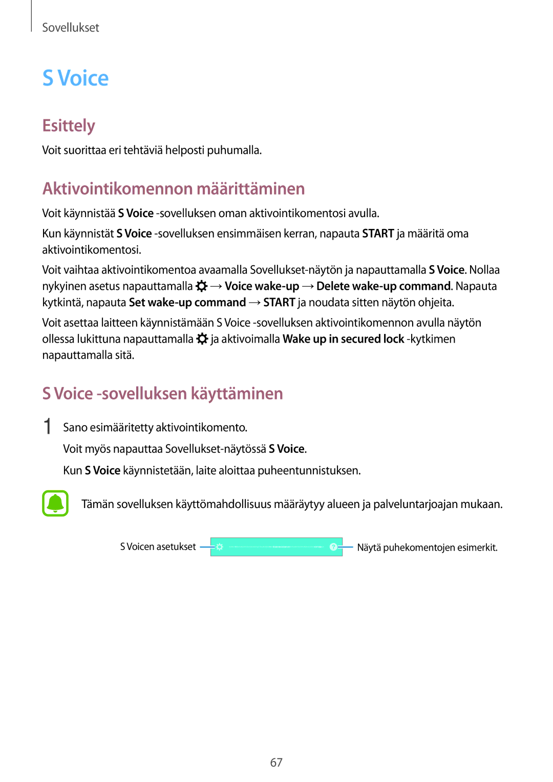 Samsung SM-G903FZKANEE manual Aktivointikomennon määrittäminen, Voice -sovelluksen käyttäminen 