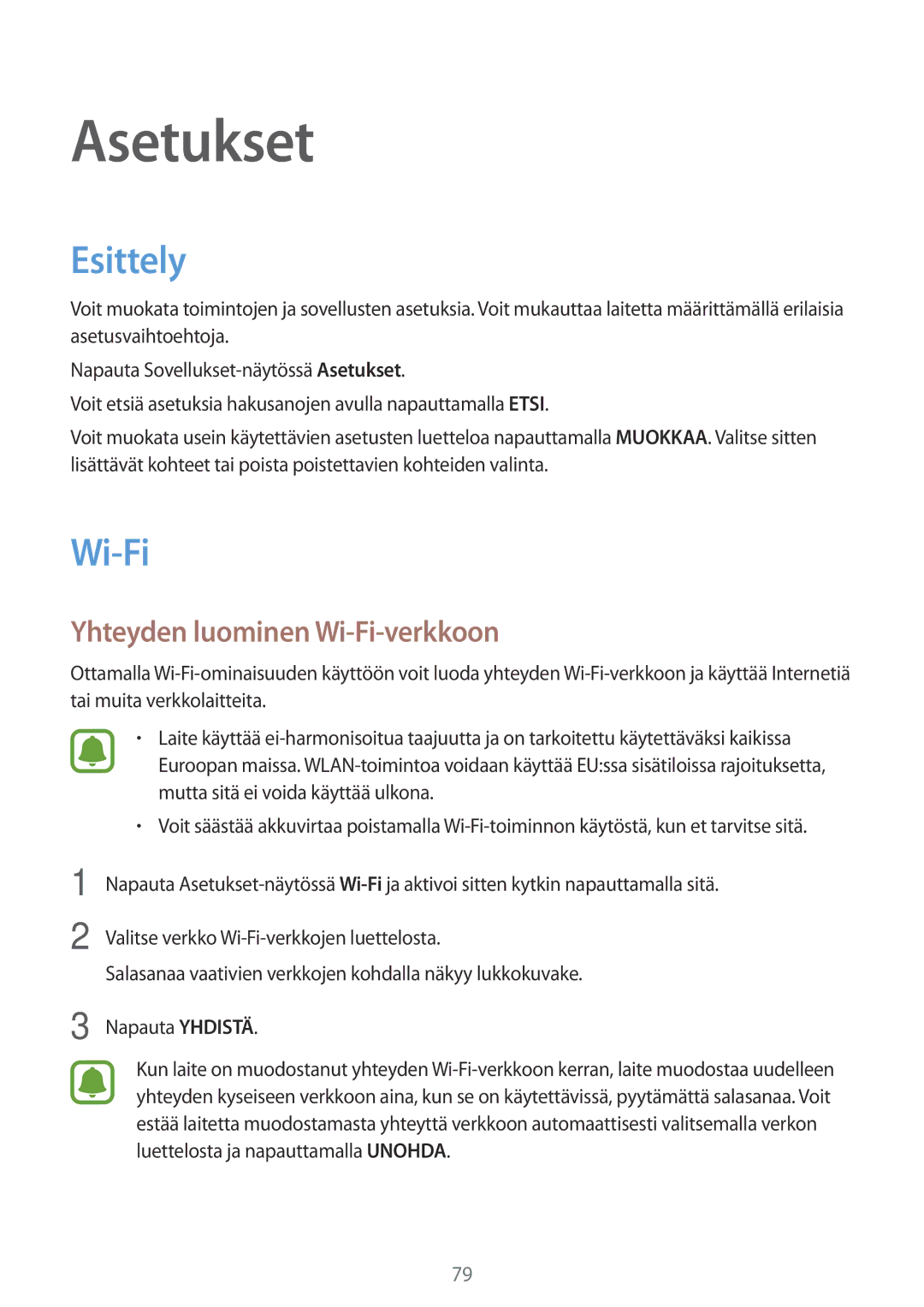 Samsung SM-G903FZKANEE manual Esittely, Yhteyden luominen Wi-Fi-verkkoon 