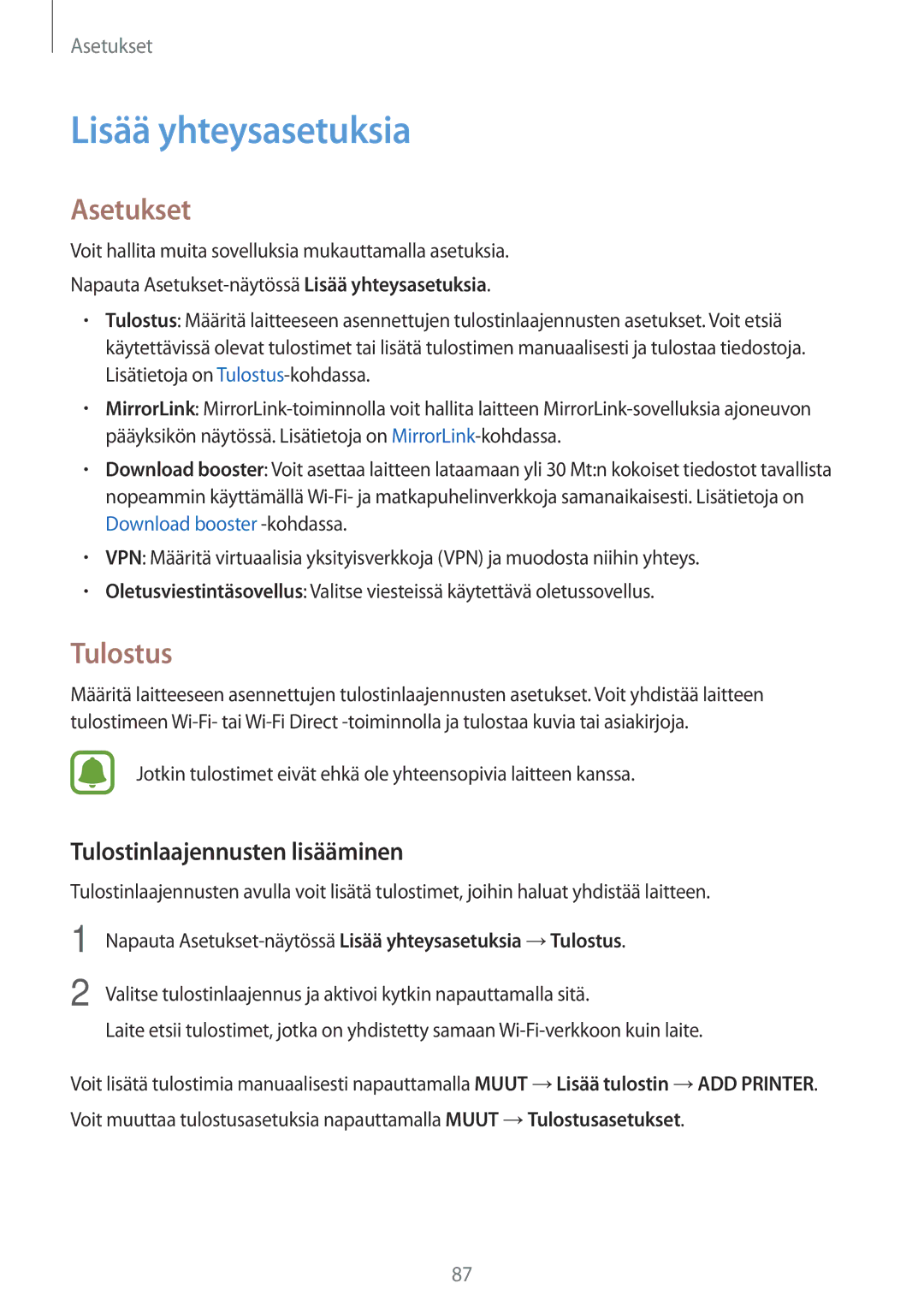 Samsung SM-G903FZKANEE manual Lisää yhteysasetuksia, Asetukset, Tulostus, Tulostinlaajennusten lisääminen 