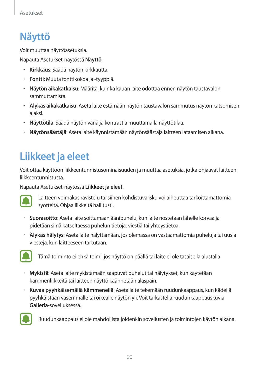 Samsung SM-G903FZKANEE manual Näyttö, Liikkeet ja eleet 