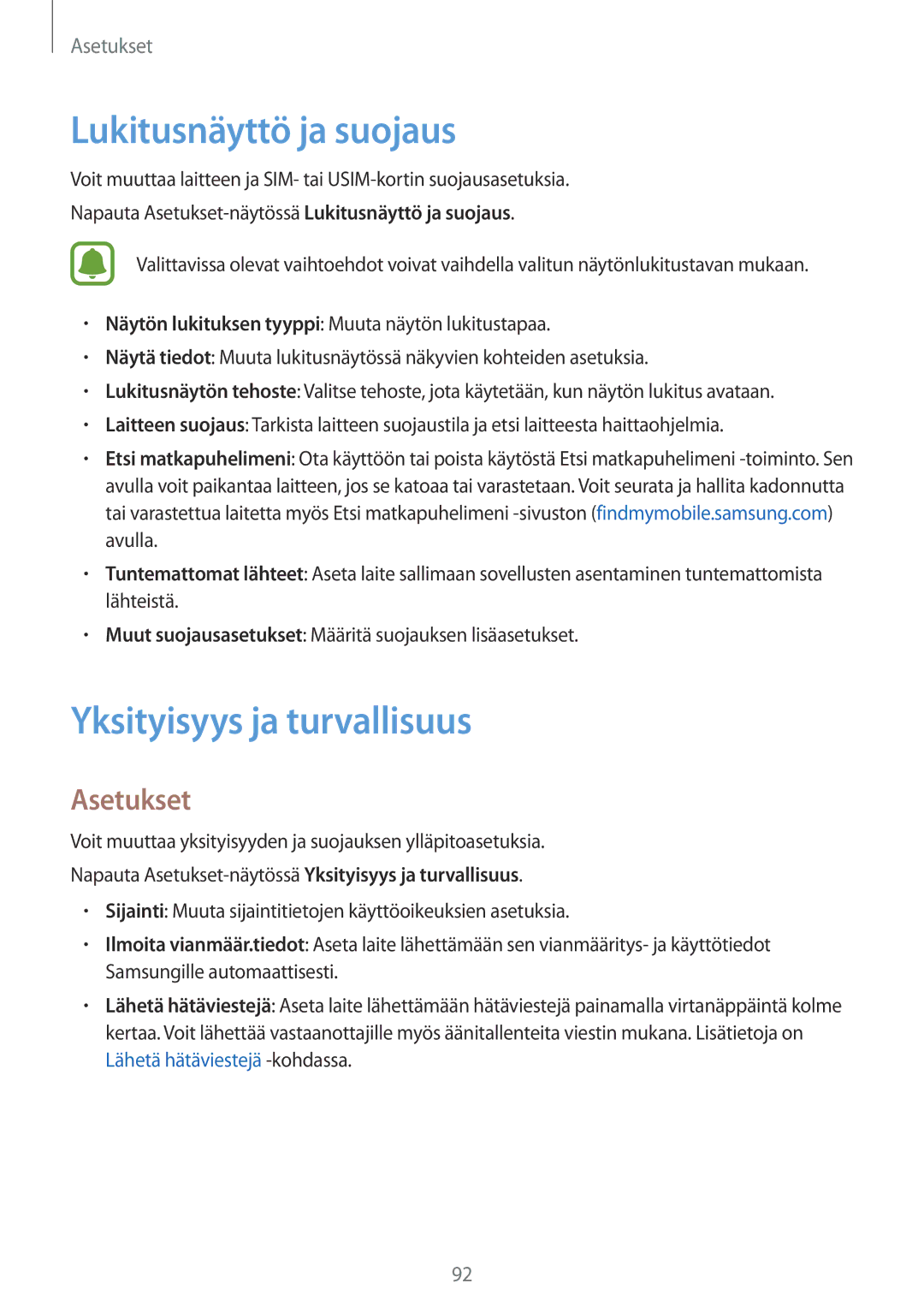 Samsung SM-G903FZKANEE manual Lukitusnäyttö ja suojaus, Yksityisyys ja turvallisuus 