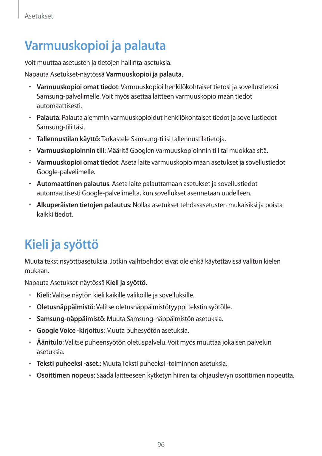 Samsung SM-G903FZKANEE manual Varmuuskopioi ja palauta, Kieli ja syöttö 