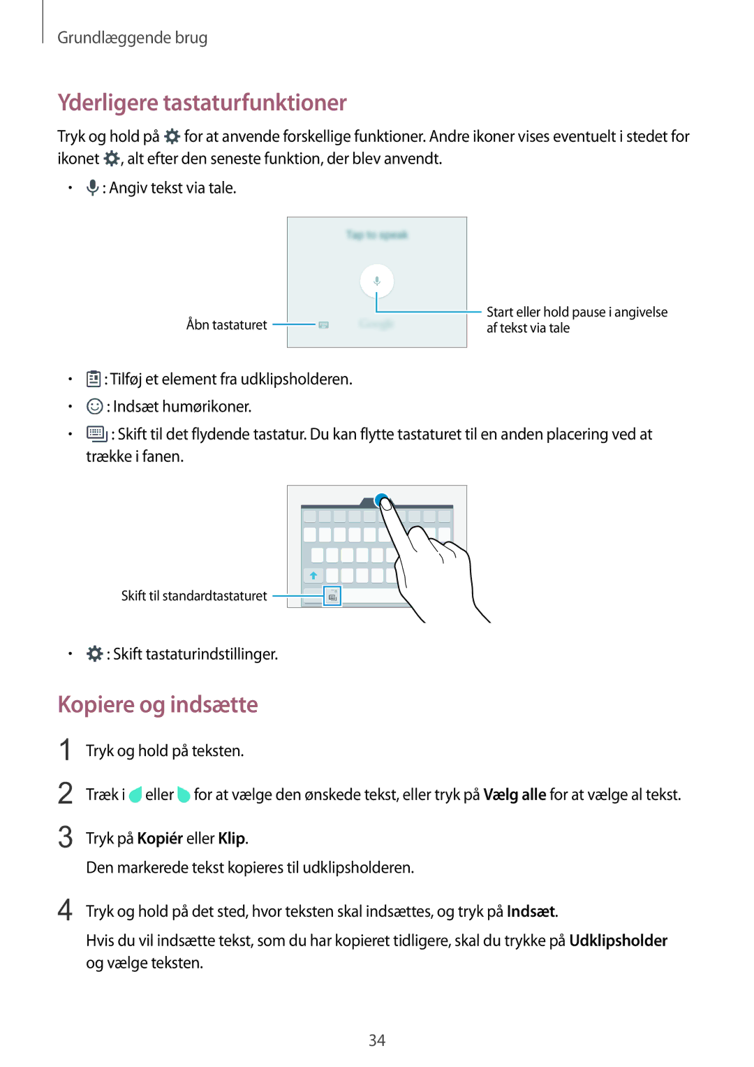 Samsung SM-G903FZKANEE manual Yderligere tastaturfunktioner, Kopiere og indsætte 