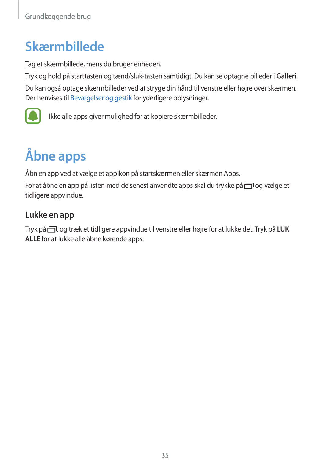 Samsung SM-G903FZKANEE manual Skærmbillede, Åbne apps, Lukke en app 