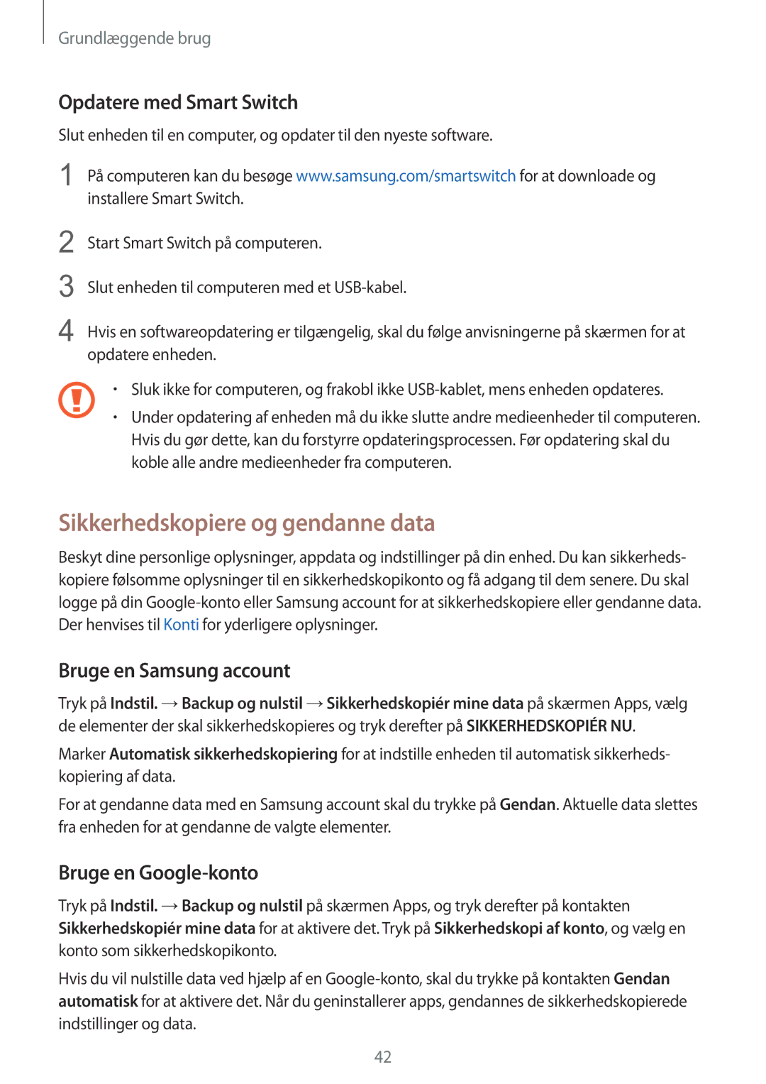 Samsung SM-G903FZKANEE manual Sikkerhedskopiere og gendanne data, Opdatere med Smart Switch, Bruge en Samsung account 