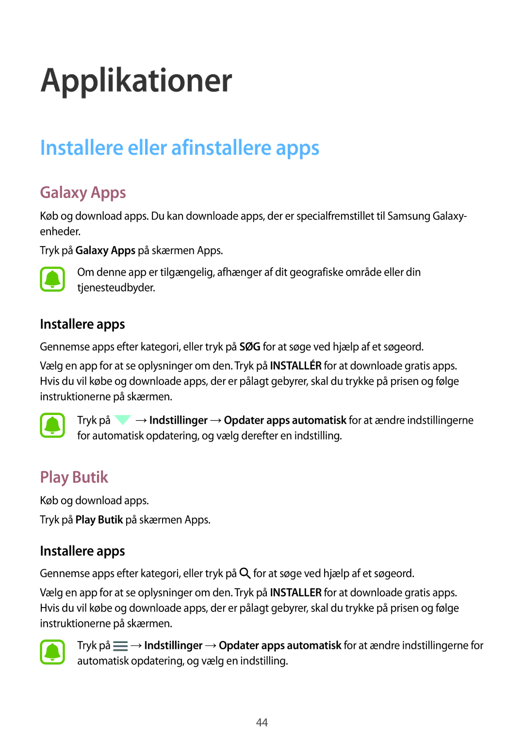 Samsung SM-G903FZKANEE manual Installere eller afinstallere apps, Galaxy Apps, Play Butik, Installere apps 