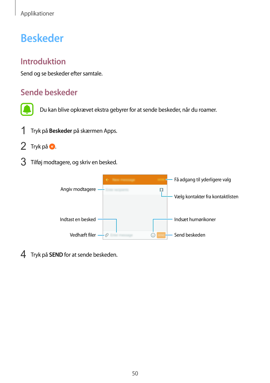 Samsung SM-G903FZKANEE manual Beskeder, Sende beskeder 