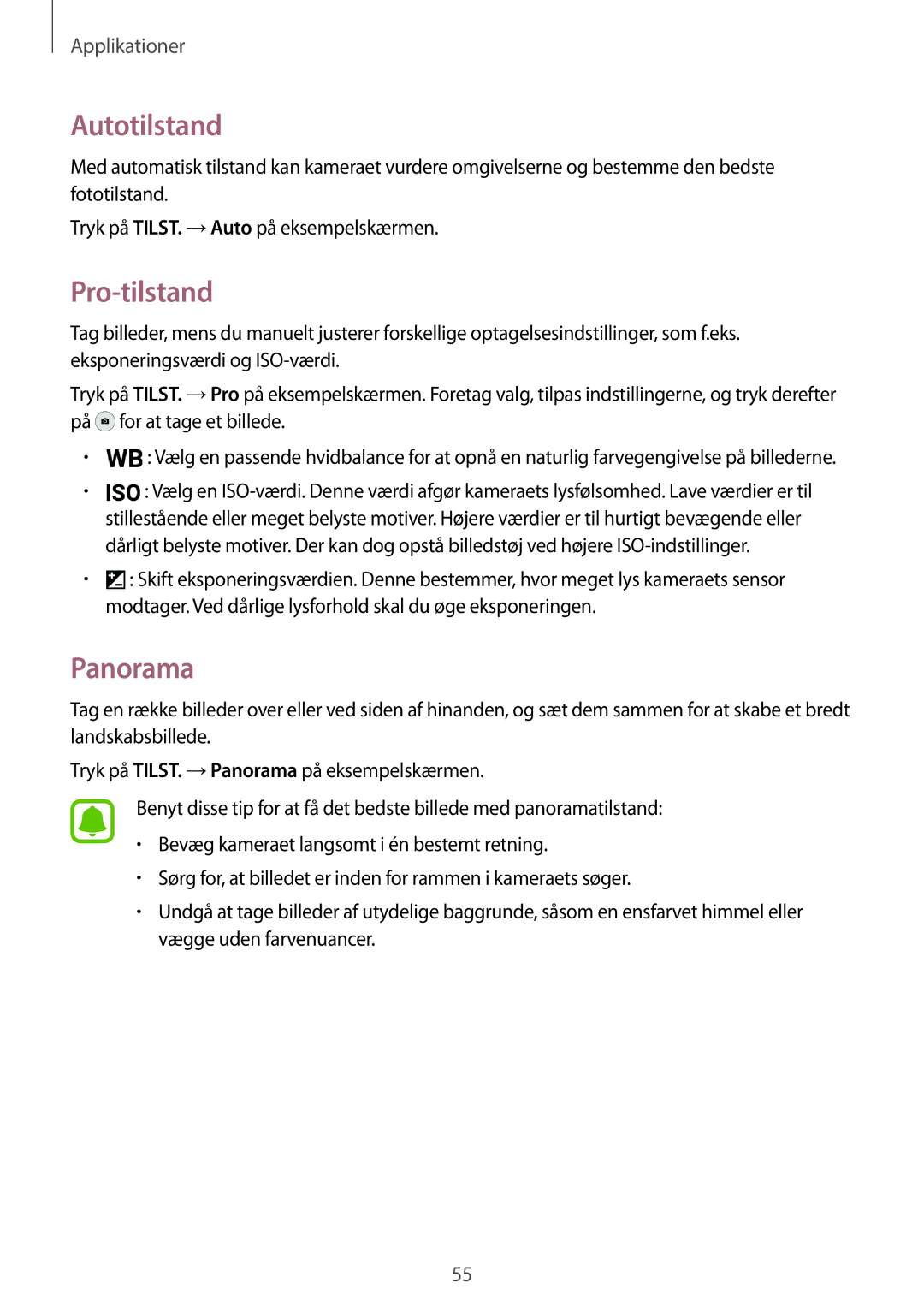 Samsung SM-G903FZKANEE manual Autotilstand, Pro-tilstand, Panorama 