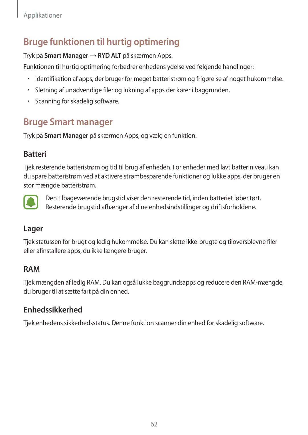 Samsung SM-G903FZKANEE manual Bruge funktionen til hurtig optimering, Bruge Smart manager, Batteri, Lager, Enhedssikkerhed 