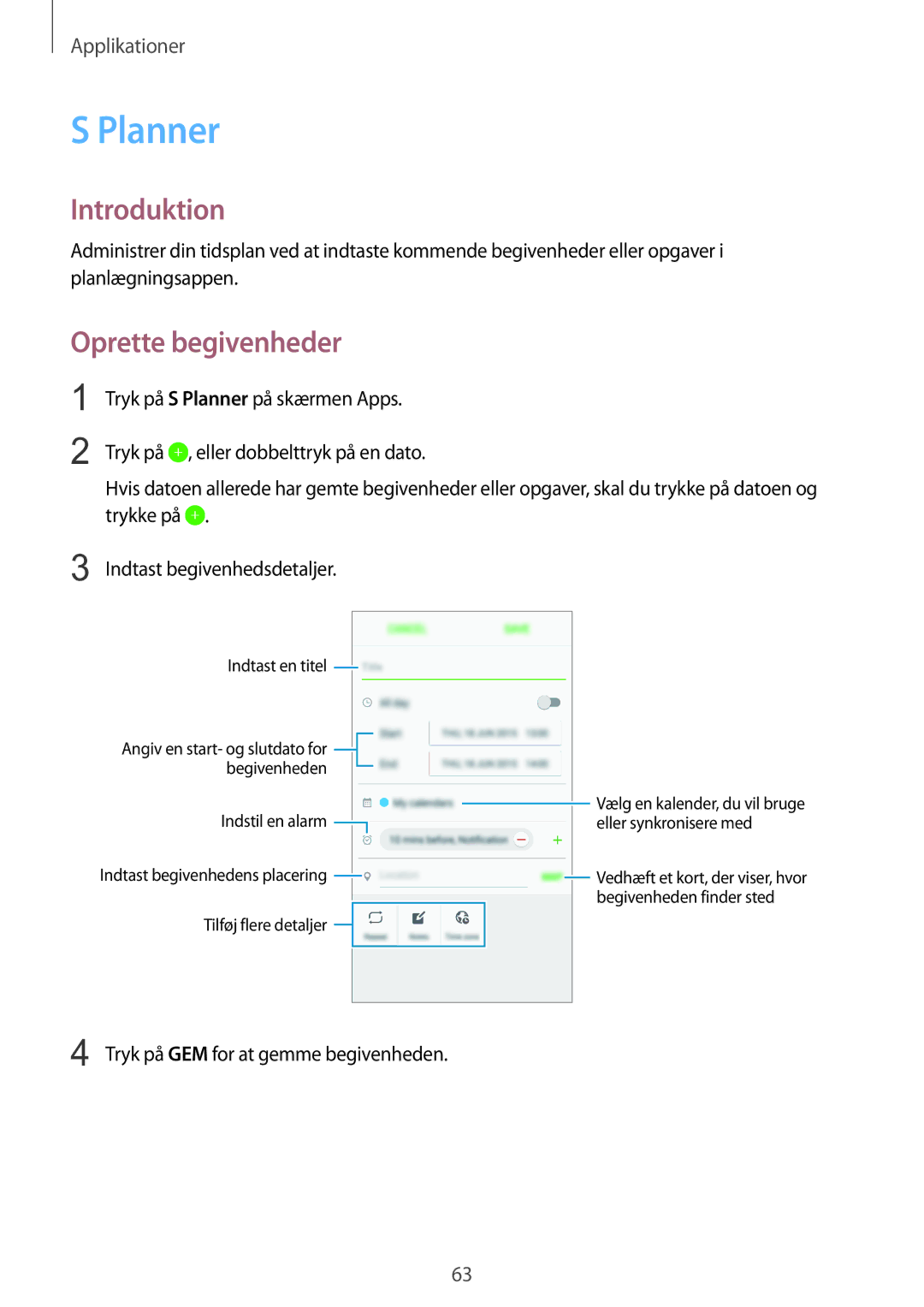 Samsung SM-G903FZKANEE manual Planner, Oprette begivenheder 