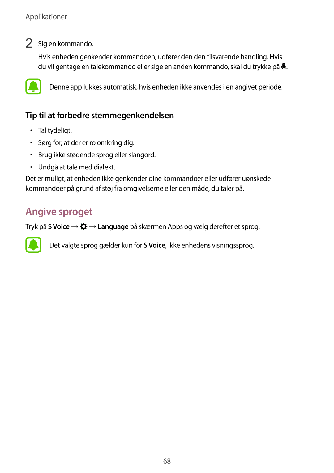 Samsung SM-G903FZKANEE manual Angive sproget, Tip til at forbedre stemmegenkendelsen 