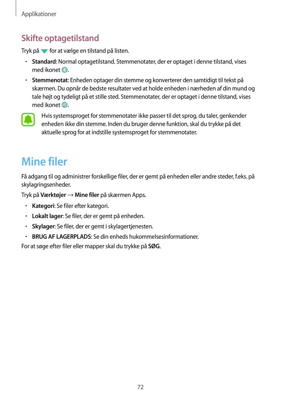 Samsung SM-G903FZKANEE manual Mine filer, Skifte optagetilstand 