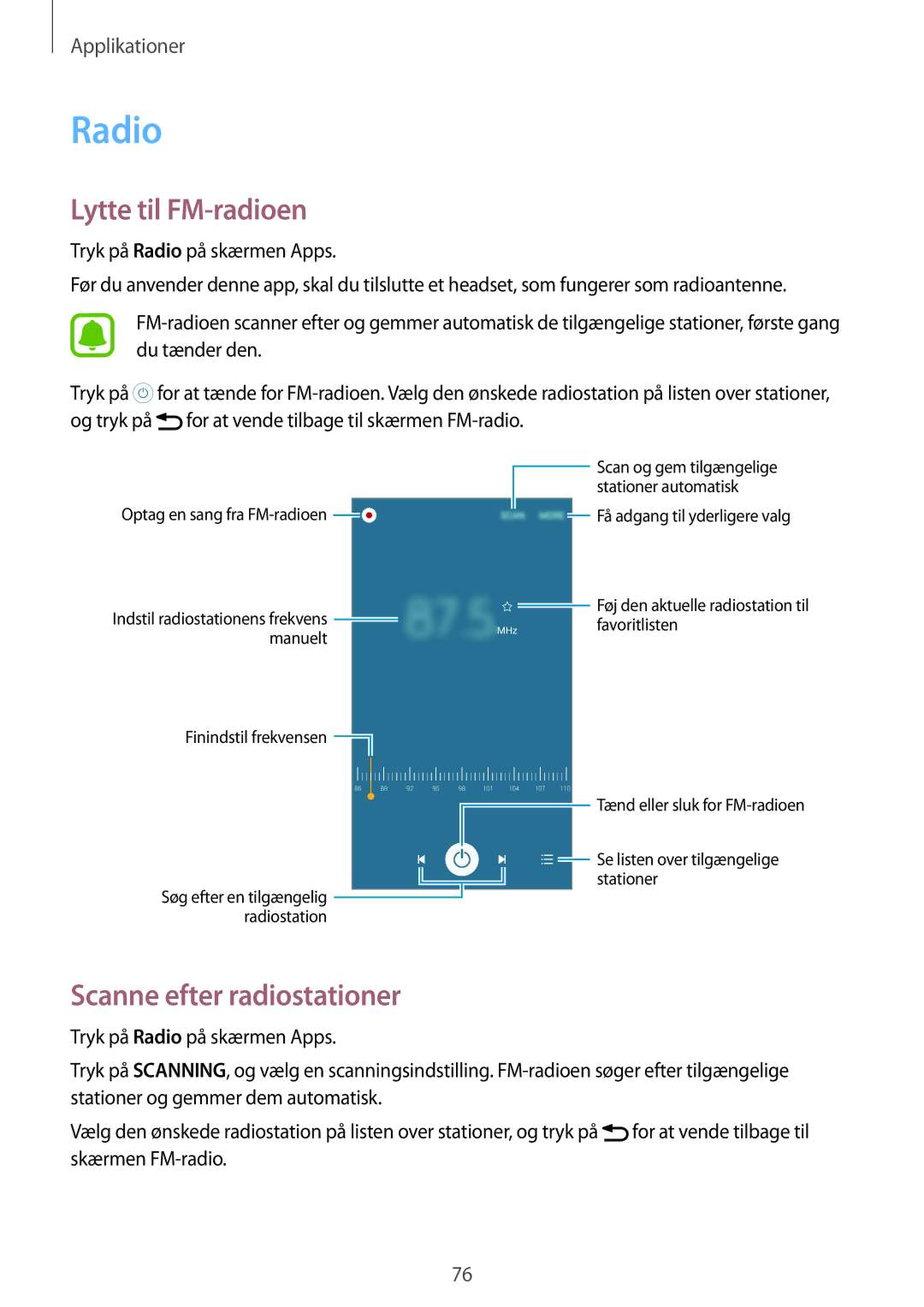 Samsung SM-G903FZKANEE manual Radio, Lytte til FM-radioen, Scanne efter radiostationer 