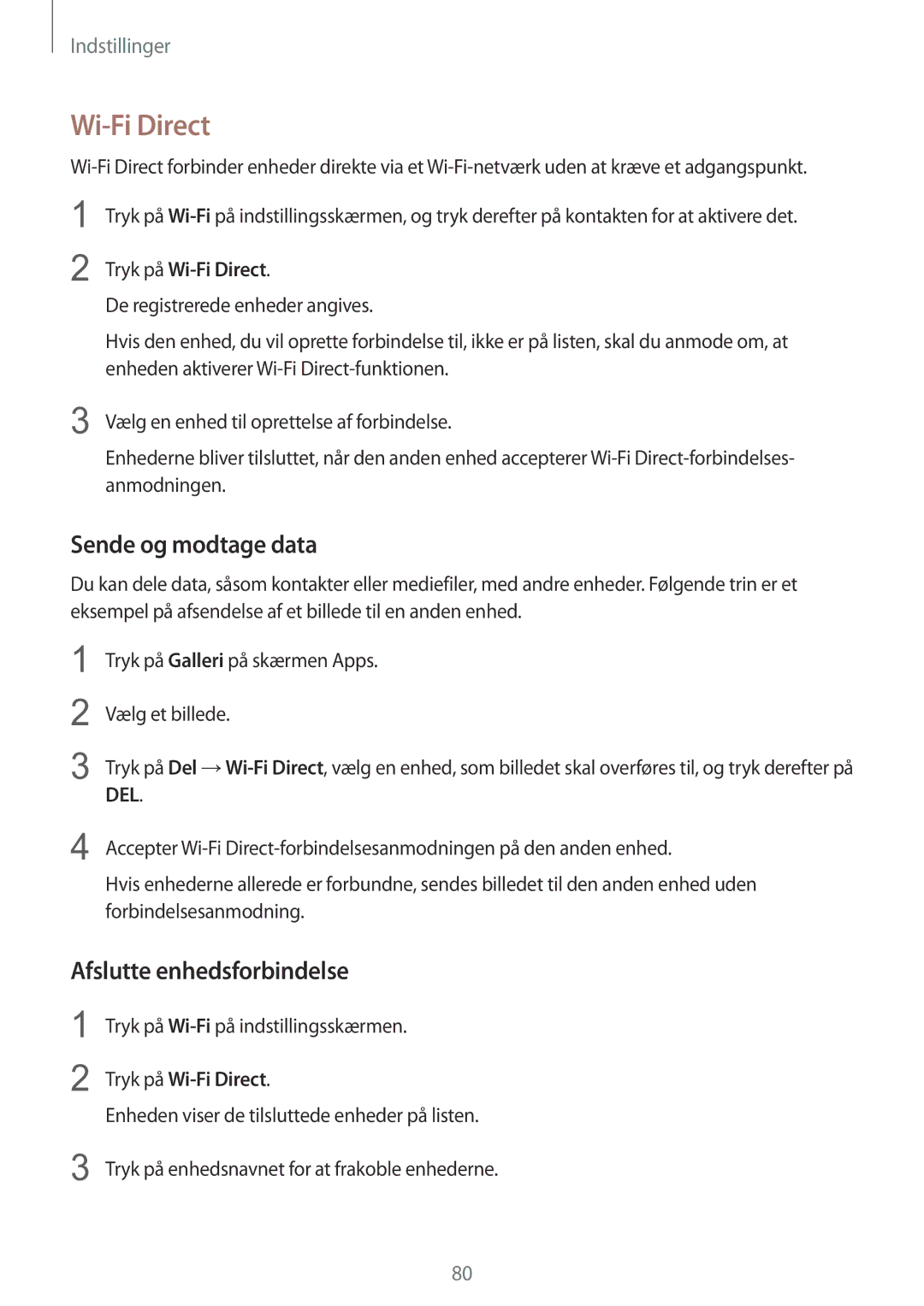 Samsung SM-G903FZKANEE manual Wi-Fi Direct, Sende og modtage data, Afslutte enhedsforbindelse 