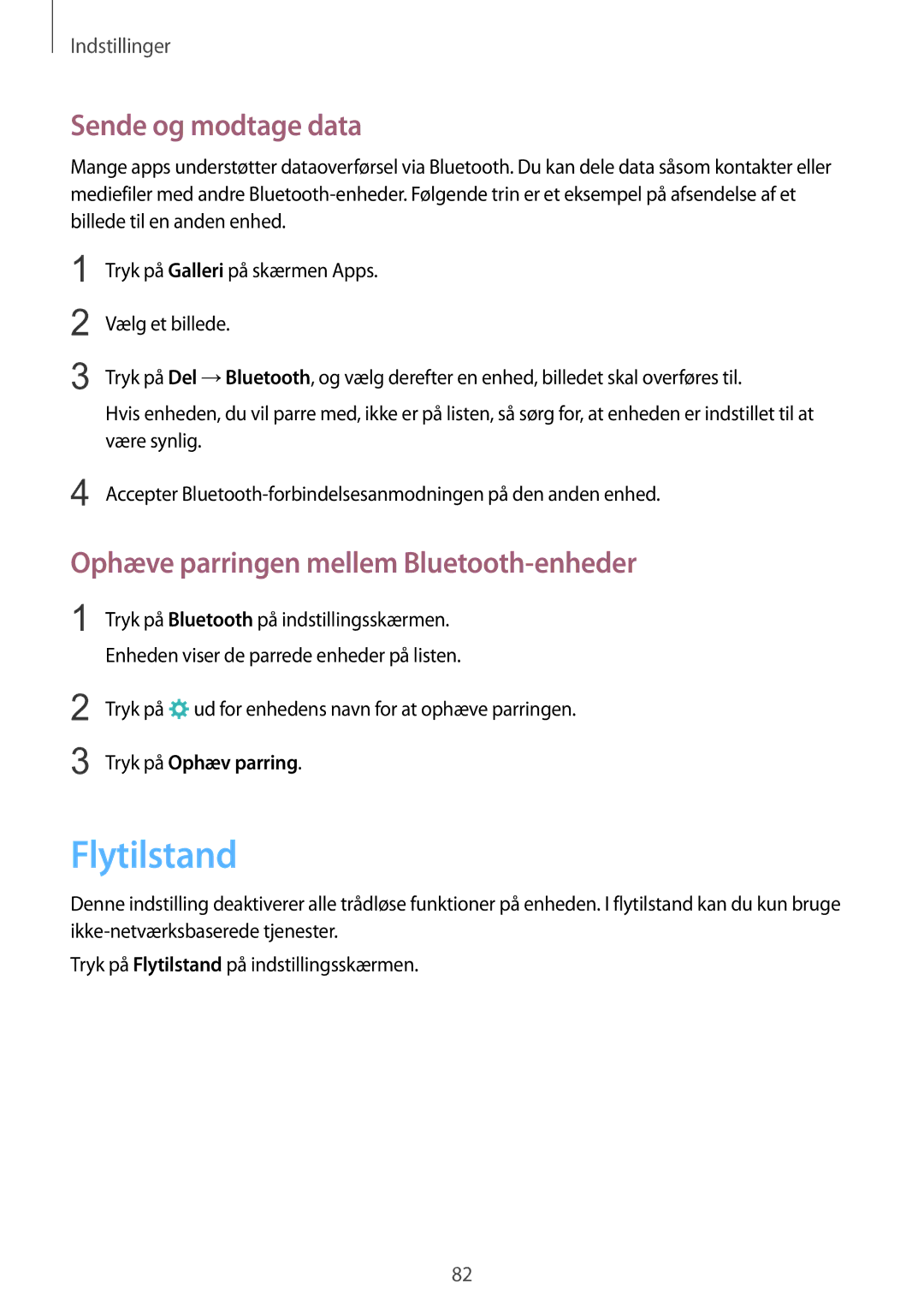 Samsung SM-G903FZKANEE manual Flytilstand, Sende og modtage data, Ophæve parringen mellem Bluetooth-enheder 