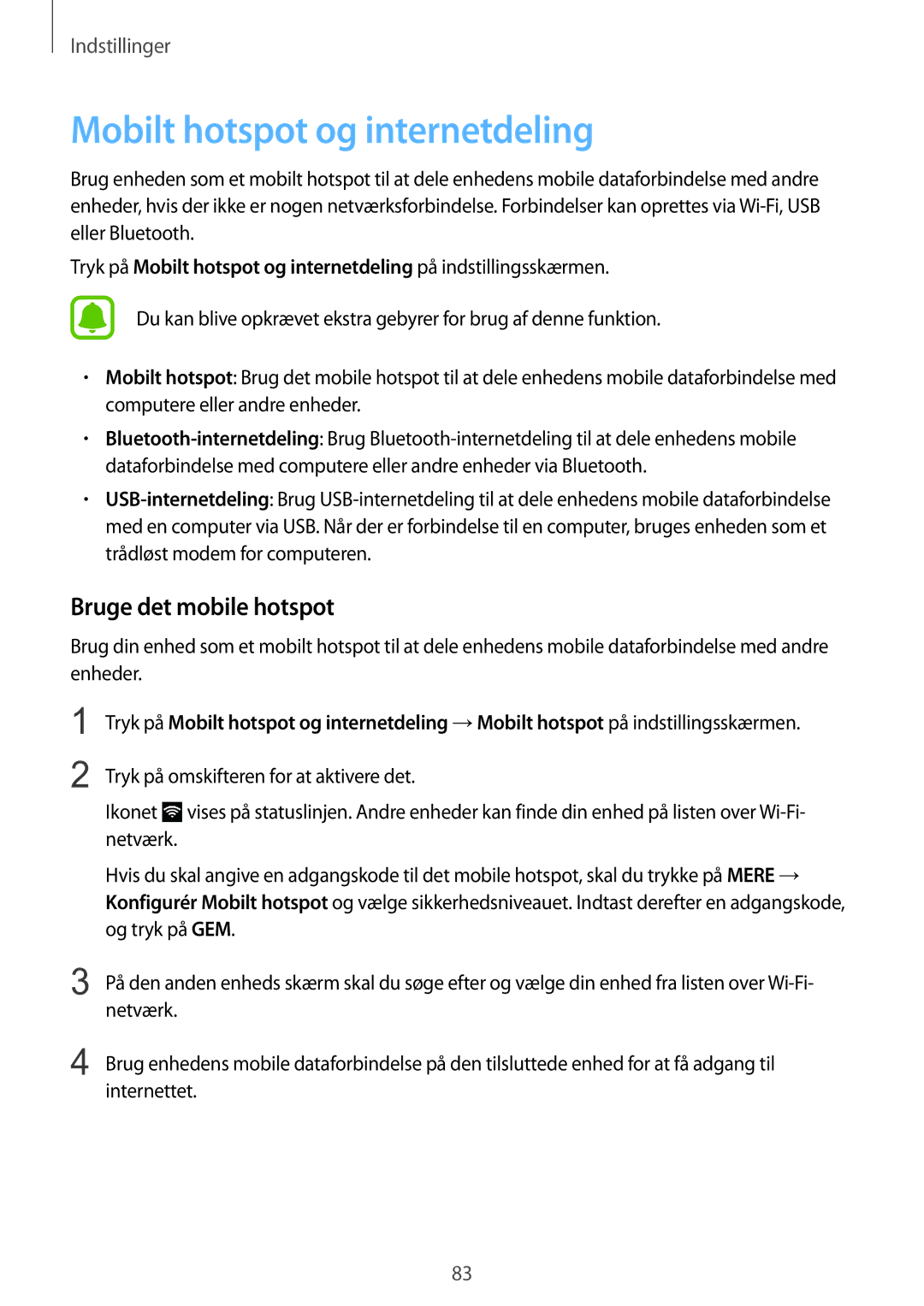 Samsung SM-G903FZKANEE manual Mobilt hotspot og internetdeling, Bruge det mobile hotspot 