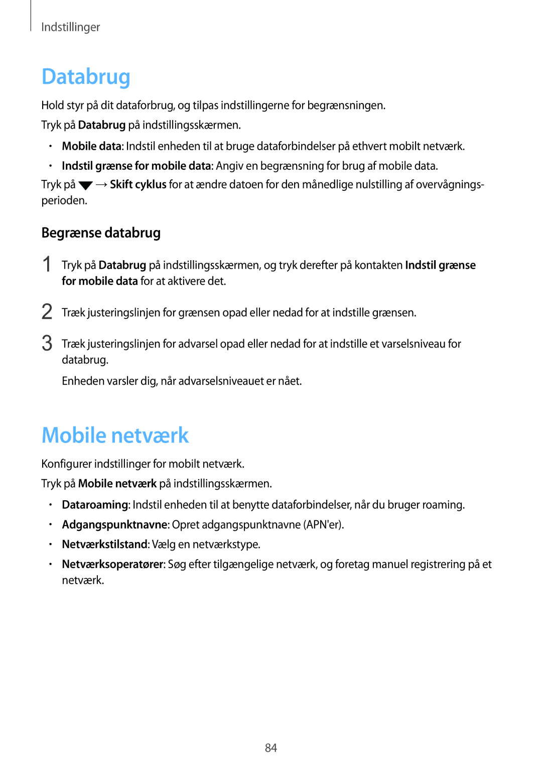 Samsung SM-G903FZKANEE manual Databrug, Mobile netværk, Begrænse databrug 