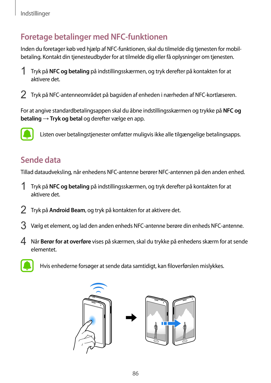 Samsung SM-G903FZKANEE manual Foretage betalinger med NFC-funktionen, Sende data 