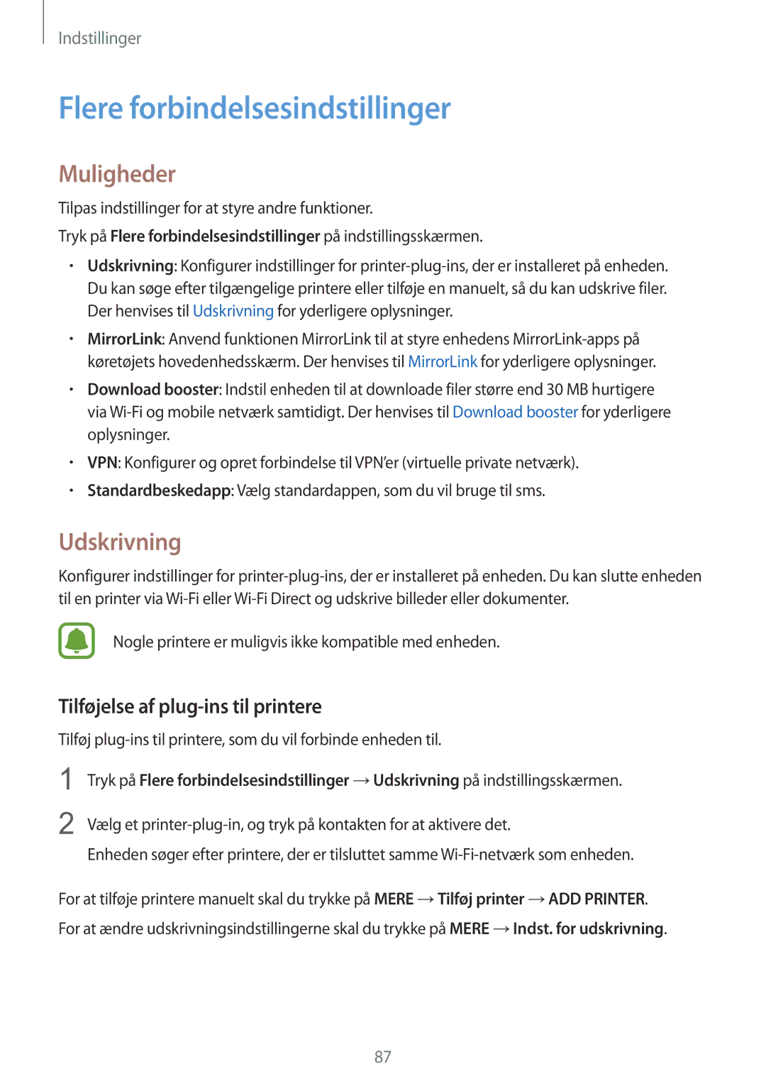 Samsung SM-G903FZKANEE manual Flere forbindelsesindstillinger, Muligheder, Udskrivning, Tilføjelse af plug-ins til printere 