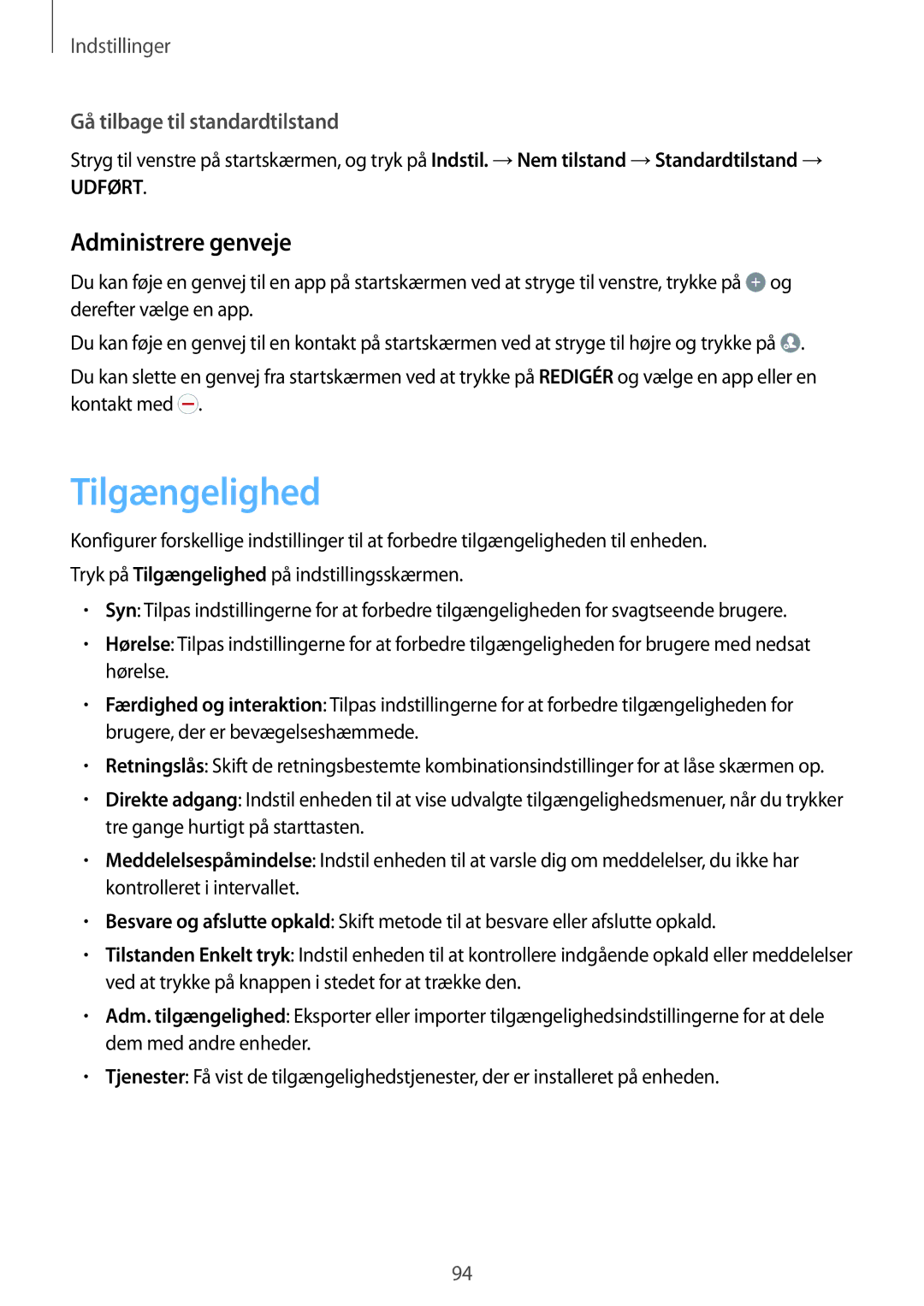 Samsung SM-G903FZKANEE manual Tilgængelighed, Administrere genveje 