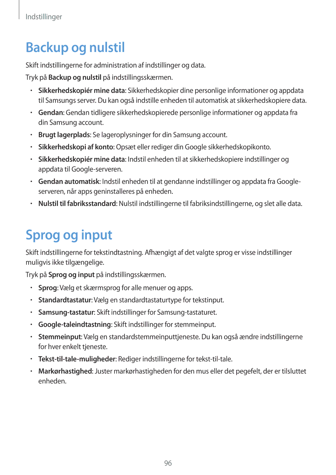 Samsung SM-G903FZKANEE manual Backup og nulstil, Sprog og input 