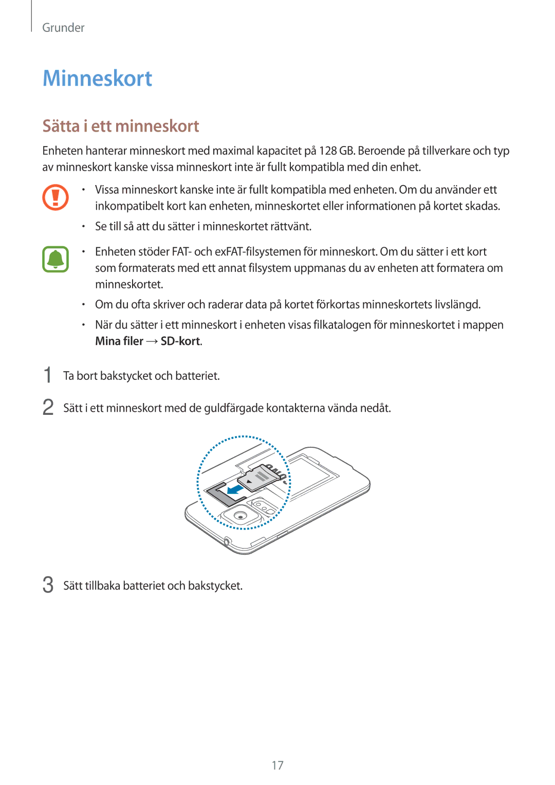 Samsung SM-G903FZKANEE manual Minneskort, Sätta i ett minneskort 