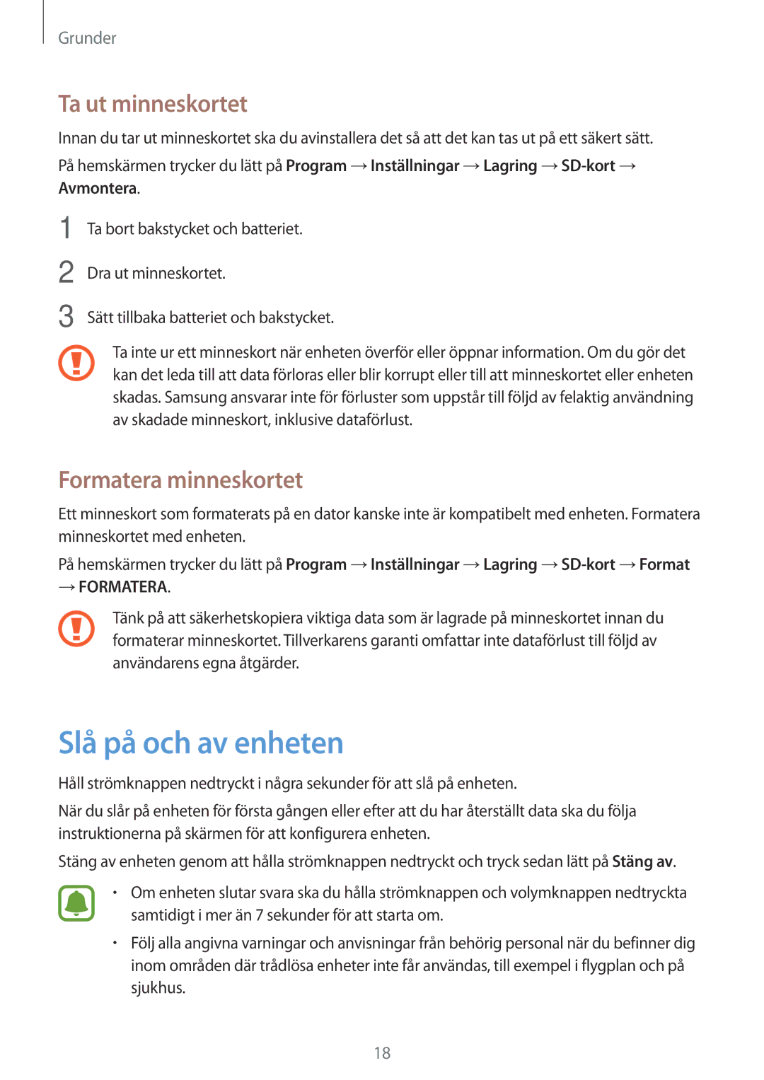 Samsung SM-G903FZKANEE manual Slå på och av enheten, Ta ut minneskortet, Formatera minneskortet 