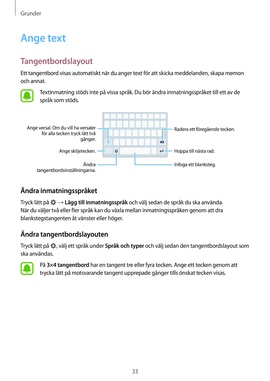 Samsung SM-G903FZKANEE manual Ange text, Tangentbordslayout, Ändra inmatningsspråket, Ändra tangentbordslayouten 