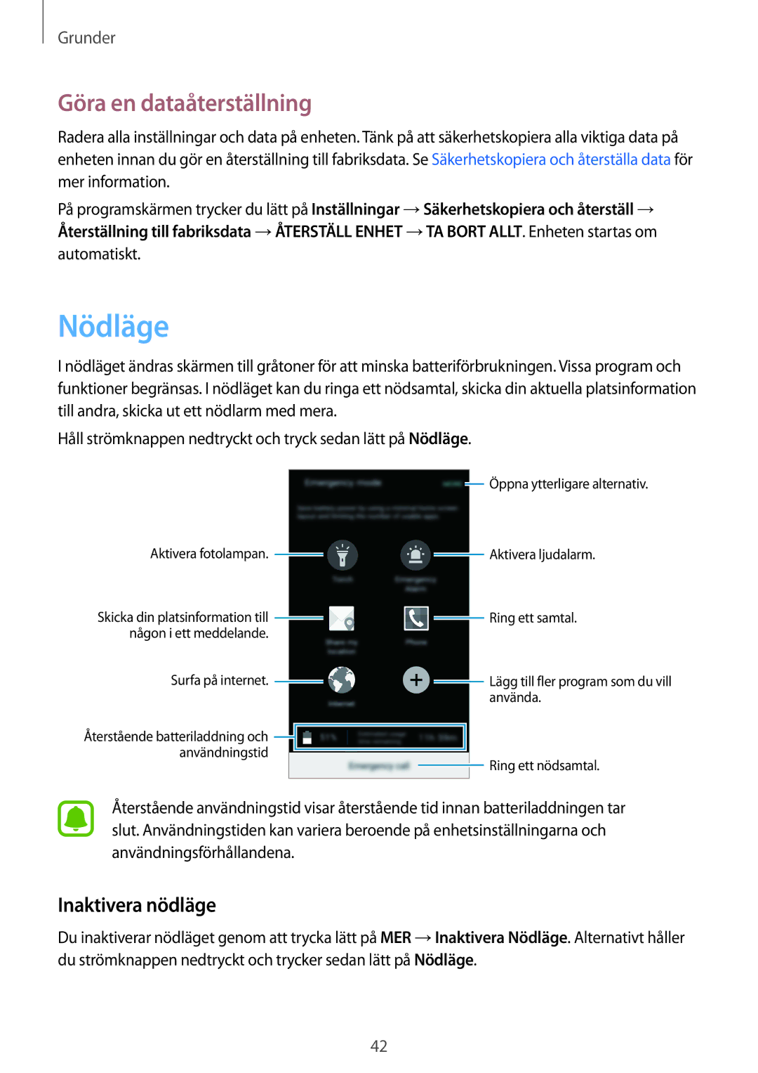 Samsung SM-G903FZKANEE manual Nödläge, Göra en dataåterställning, Inaktivera nödläge 