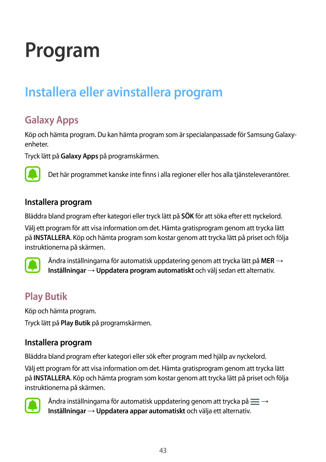 Samsung SM-G903FZKANEE manual Installera eller avinstallera program, Galaxy Apps, Play Butik, Installera program 