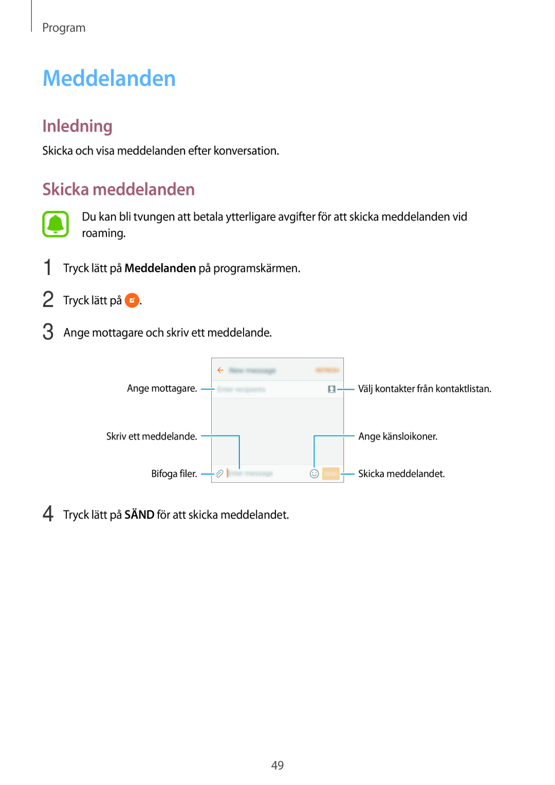 Samsung SM-G903FZKANEE manual Meddelanden, Skicka meddelanden, Skicka och visa meddelanden efter konversation 