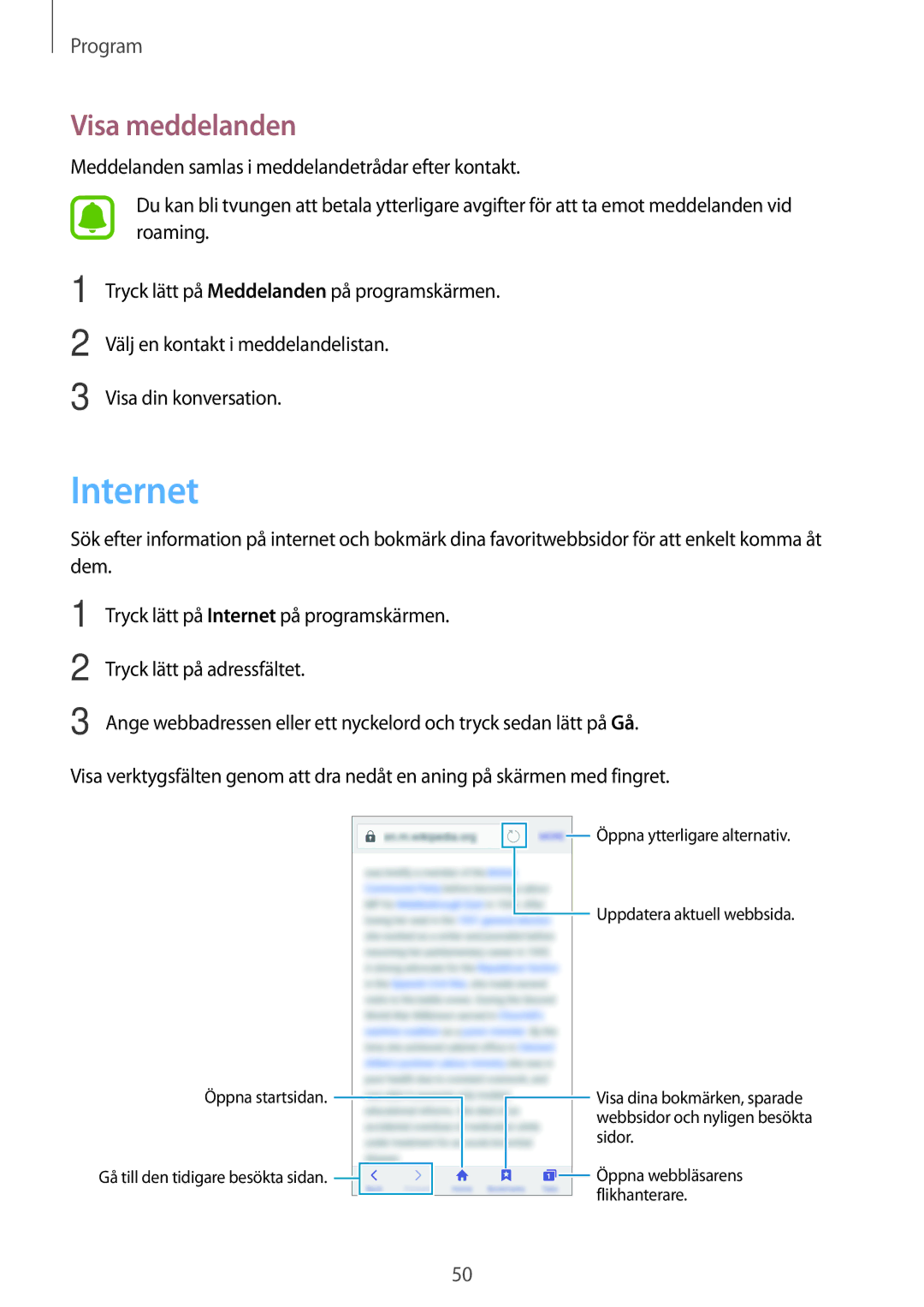 Samsung SM-G903FZKANEE manual Internet, Visa meddelanden 