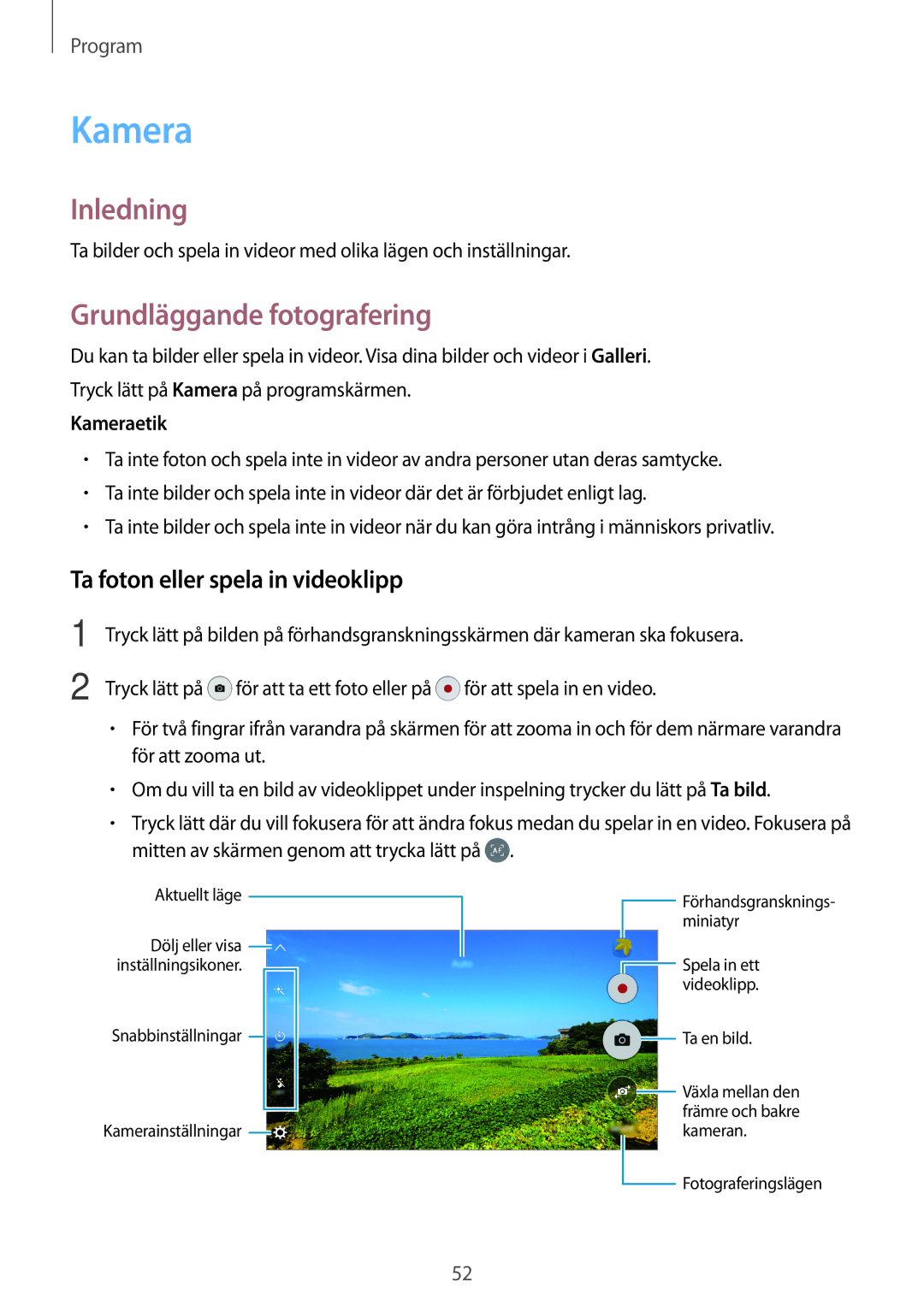 Samsung SM-G903FZKANEE manual Kamera, Grundläggande fotografering, Ta foton eller spela in videoklipp 