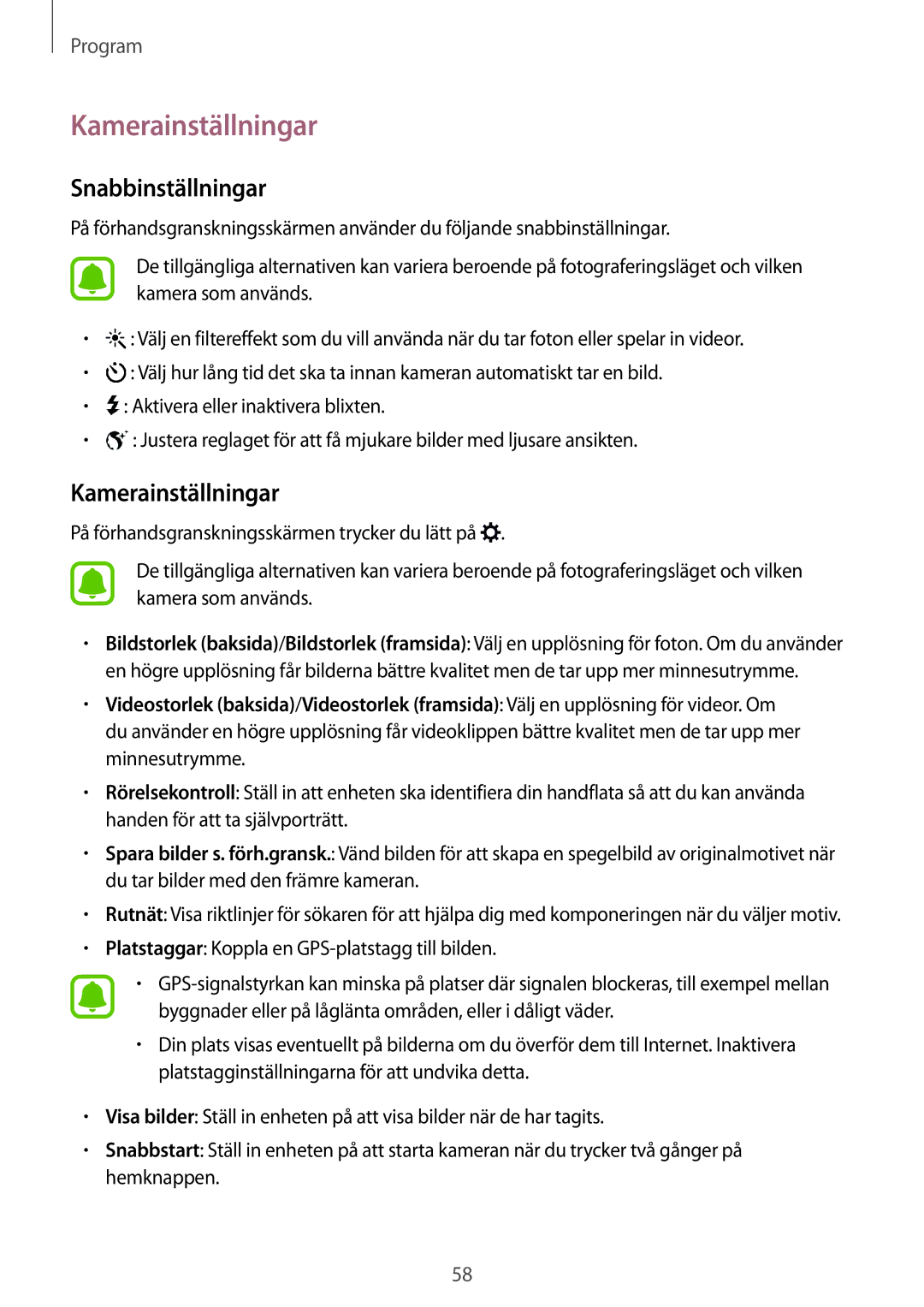 Samsung SM-G903FZKANEE manual Kamerainställningar, Snabbinställningar 